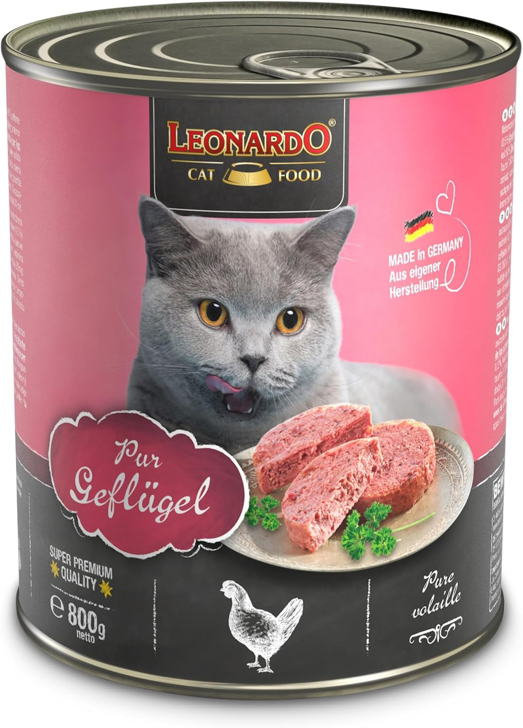 LEONARDO Nassfutter für Katzen, Geflügel pur, 6X 800g Dose, Katzenfutter getreidefrei, Alleinfutter, Made in Germany