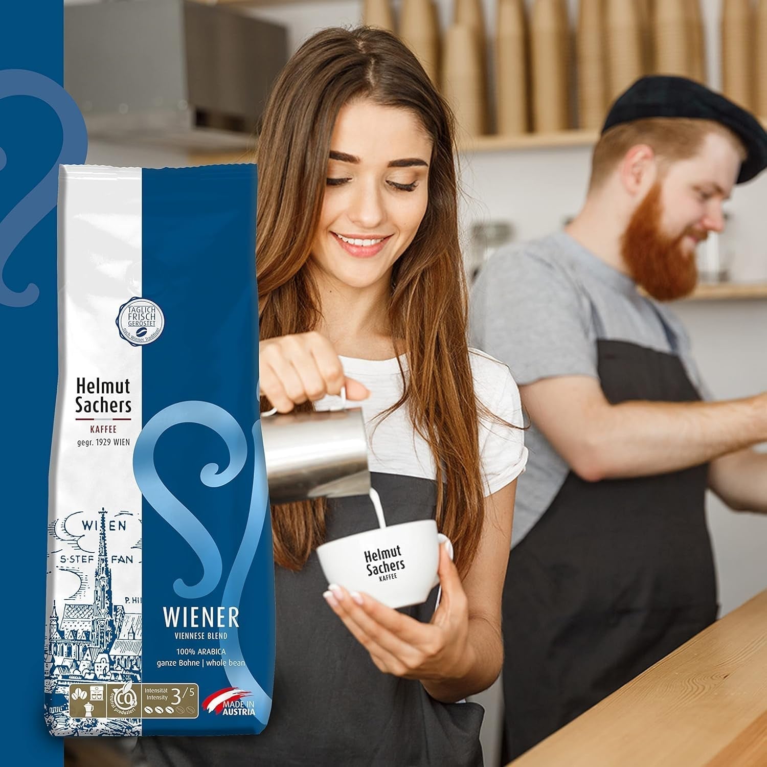 Helmut Sachers Kaffee - mieszanka wiedeńska, moc 3/5, 100% arabiki, całe ziarna kawy, 6 x 500 g Naty Shop