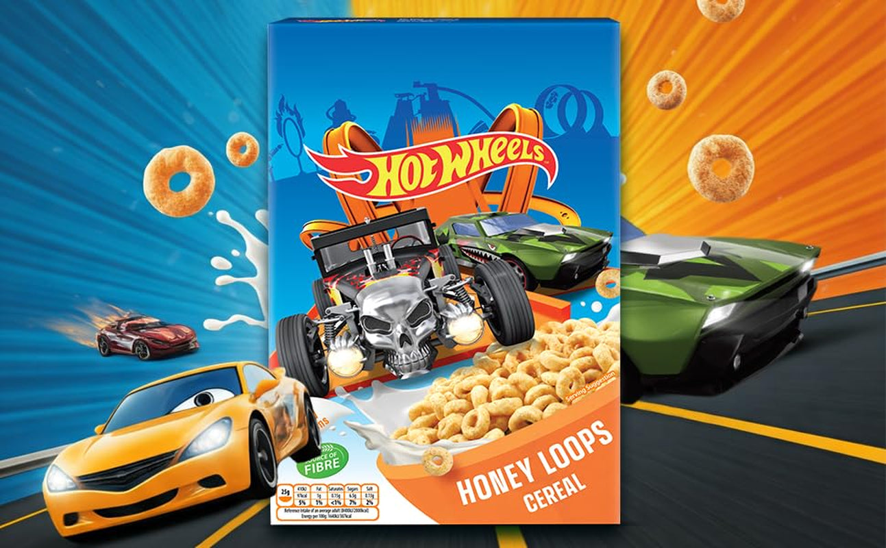 Hot Wheels Honey Loops Chrupiące pełnoziarniste płatki śniadaniowe z dodatkiem witamin, 1 opakowanie (1 x 375 g)