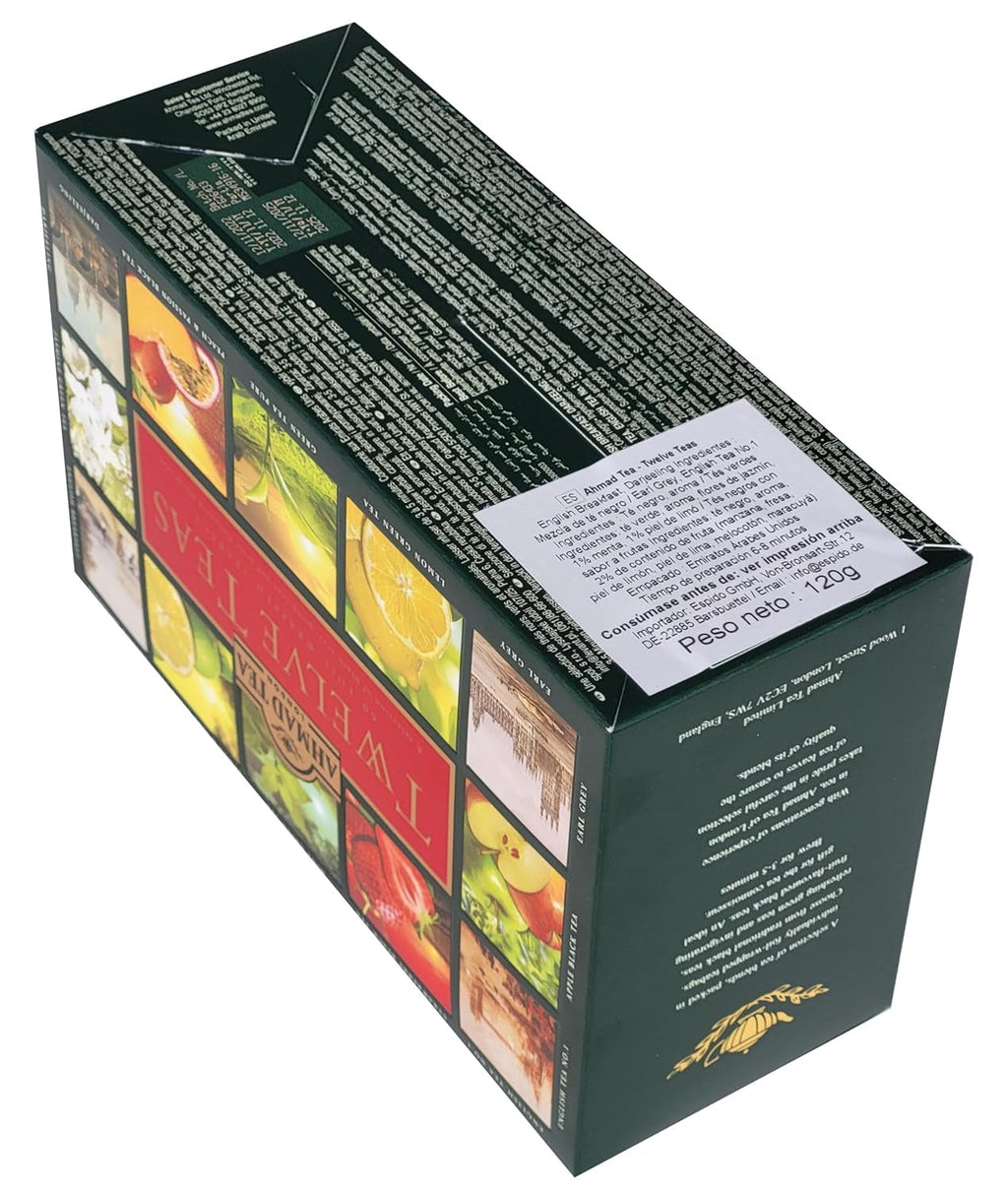 Ahmad Tea Twelve Teas – 12 sortimente de ceai negru și verde cu diferite arome – 60 pliculețe de ceai ambalate individual, sigilate pentru păstrarea aromelor, 120 g ceai