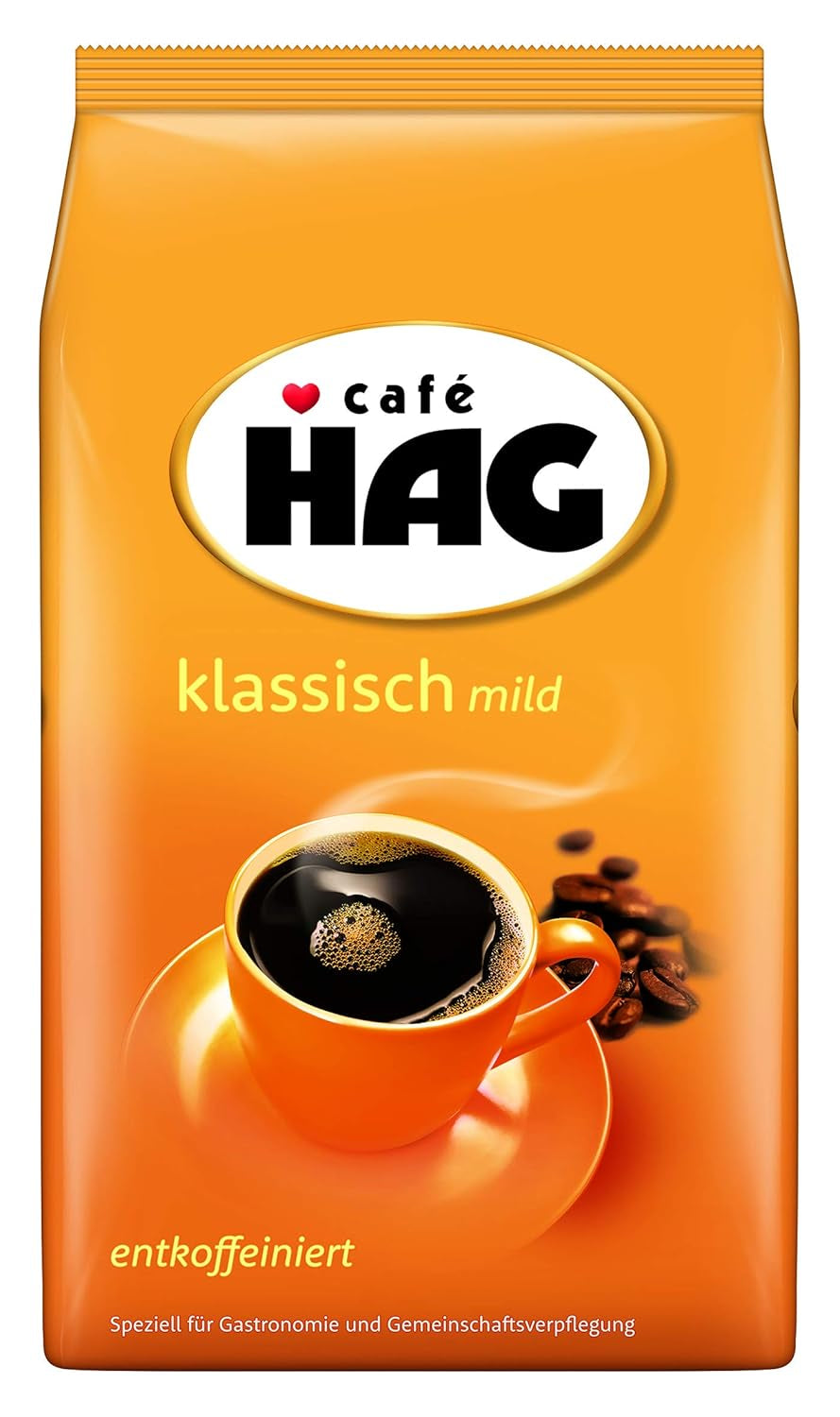 Café HAG Classic Mild Café Crema, boabe de cafea integrală decofeinizată, intensitate 4/5, pentru uz profesional Cafea Naty Shop