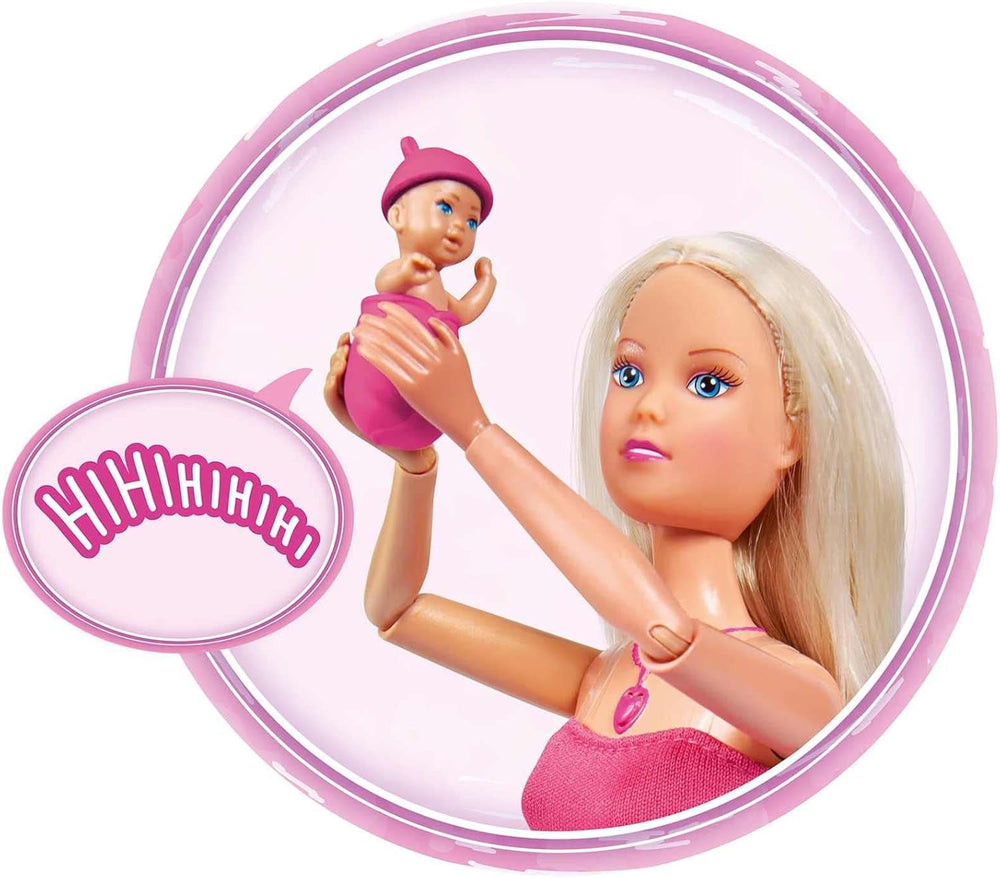 Simba 105733480 - Plecak dziecięcy Steffi Love, lalka w ciąży z dzieckiem i wspaniałymi dźwiękami, akcesoria dla dzieci i nosidełko, różowe lalki Naty Shop