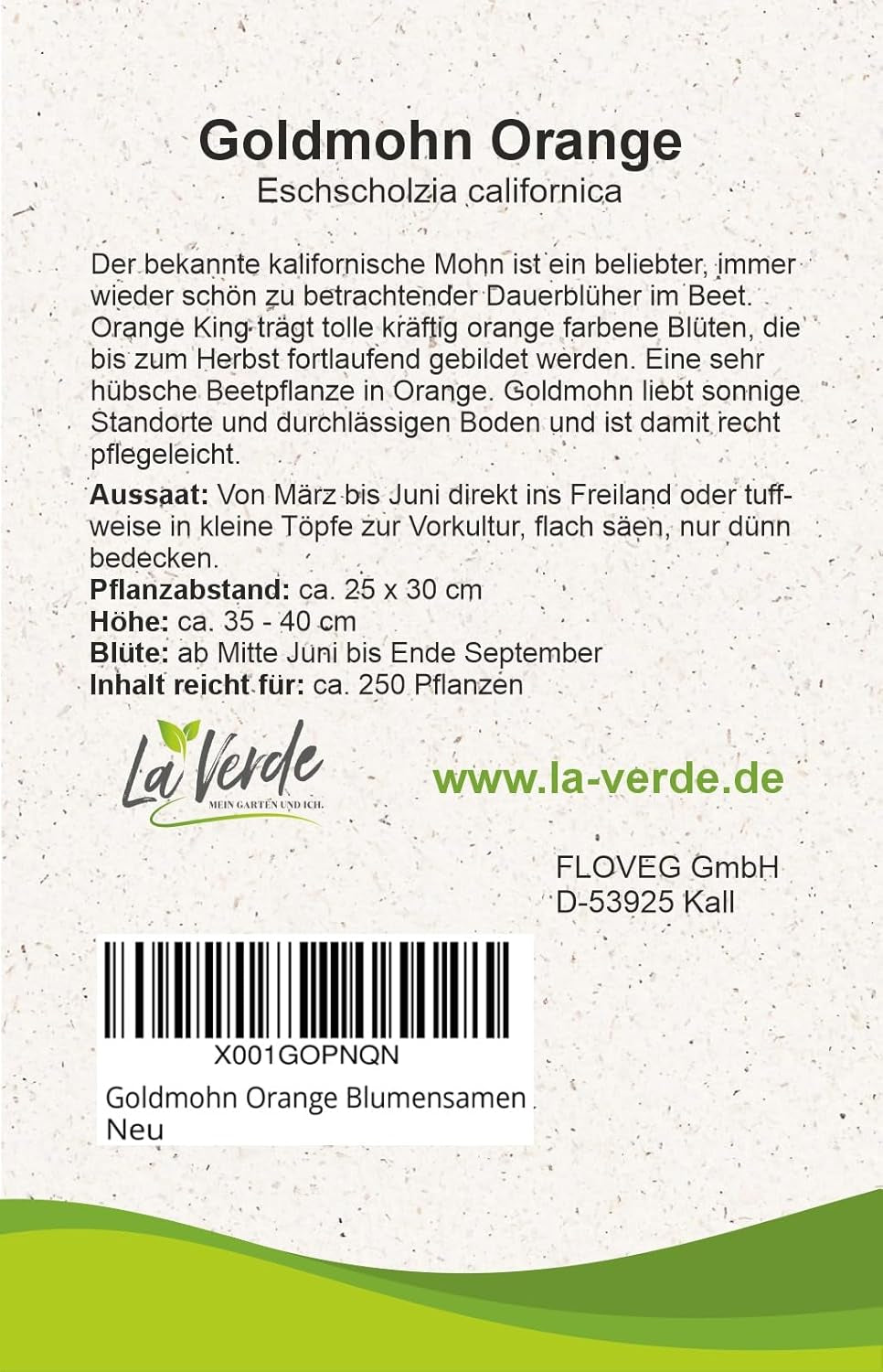 La Verde MÓJ OGRÓD I JA. Mak kalifornijski 'Poppy Orange' za ok. 250 roślin, mak kalifornijski, nasiona długo kwitnące, bez GMO