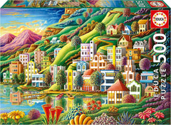 Educa - Puzzle 500 piese pentru adulți | Satul colorat de lângă lac, puzzle 500 piese pentru adulți și copii de la 11 ani, puzzle peisaj, ilustrație (19552) Puzzle Naty Shop Titlu implicit