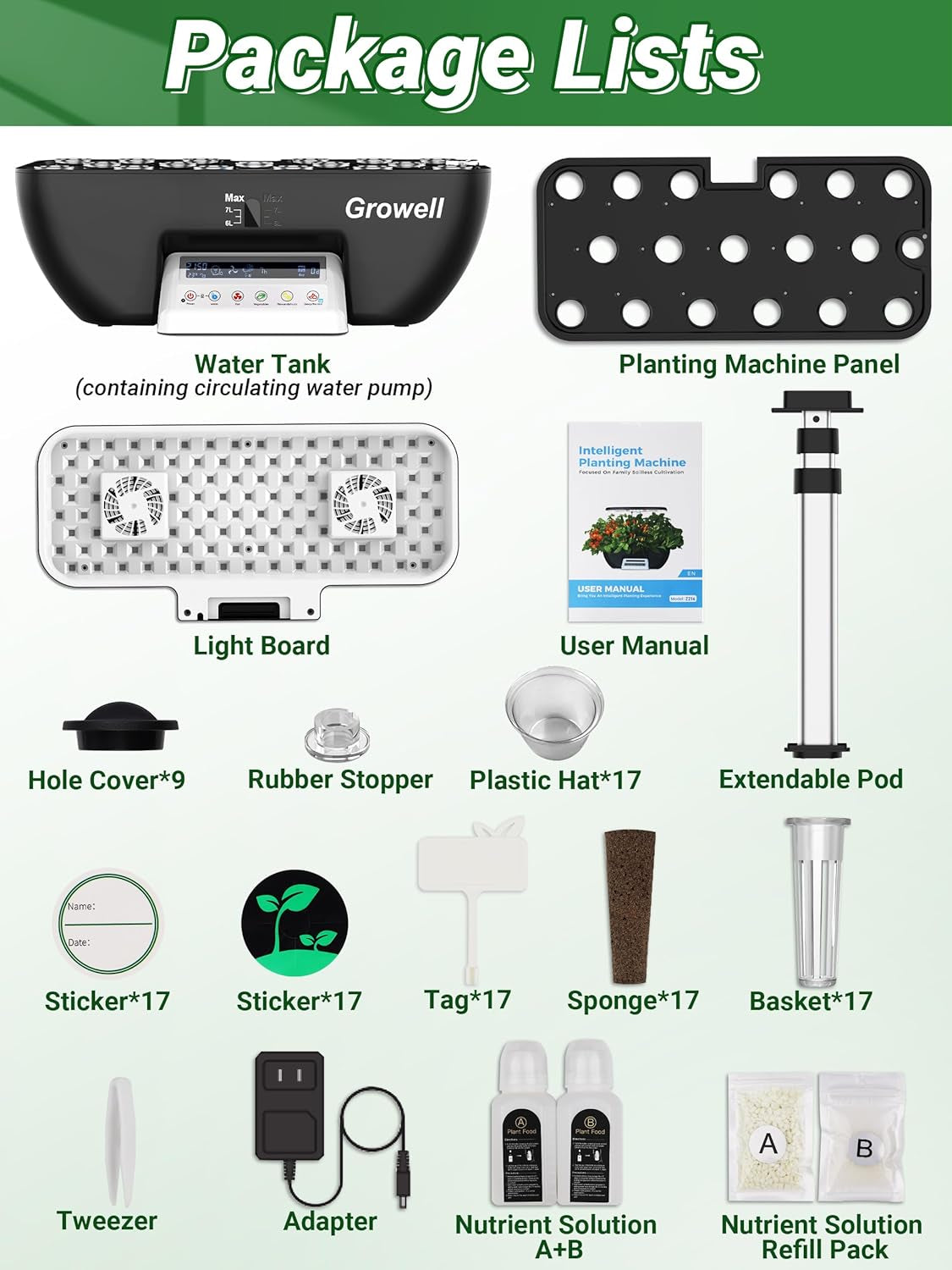Zestaw do hydroponiki 17 kapsułek do ogrodu ziołowego ze 102 lampami do uprawy o mocy 28 W i 2 wentylatorami do ogrodu wewnętrznego ze zbiornikiem pompy wodnej