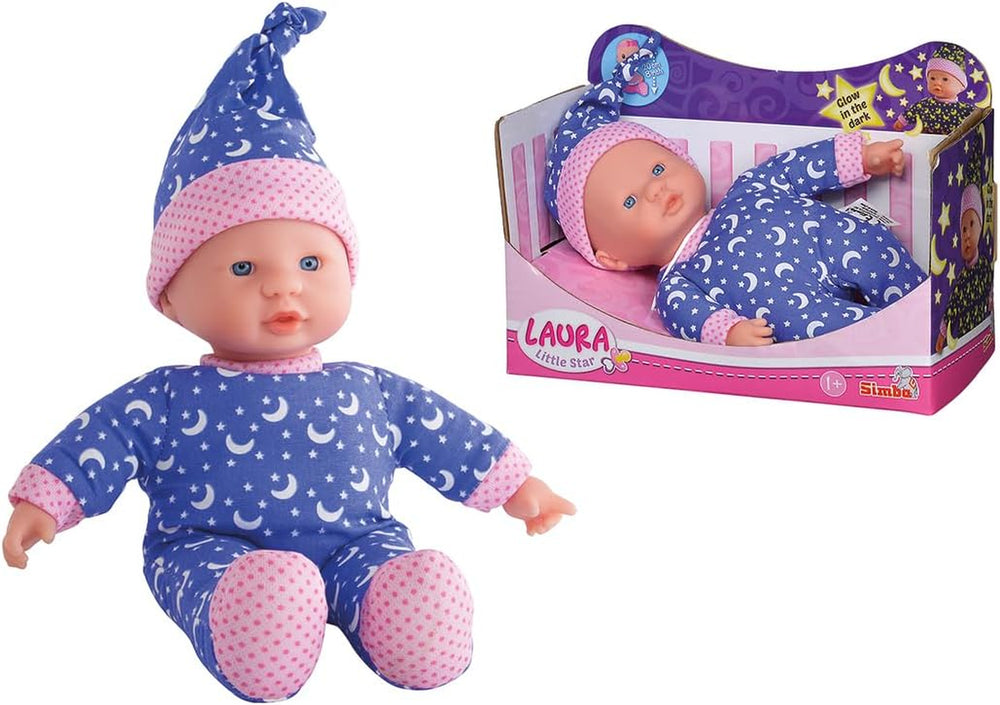 Simba 105010010 - Laura Little Star, păpușă cu corp moale, într-o rochie drăguță și o căciulă cu luni și stele strălucitoare, 20 cm, fosforescentă, păpușă bebeluș de la 12 luni