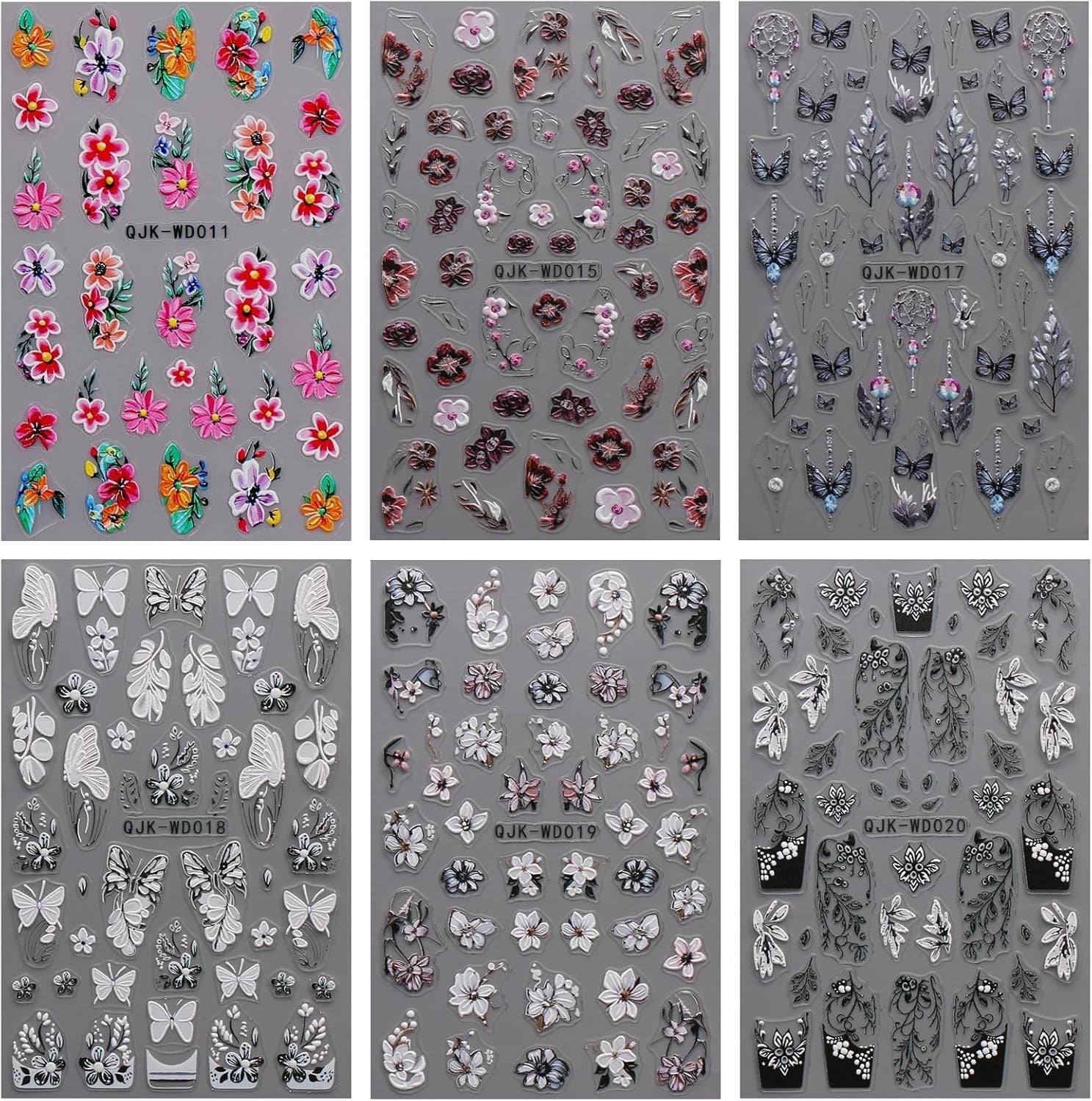 JMEOWIO Nagelsticker Schwarz Weiße Blume 6 Blatt Nail Art Sticker Selbstklebend Nagelaufkleber Frühling Sommer Floral Dekoration Nageldesign Zubehör