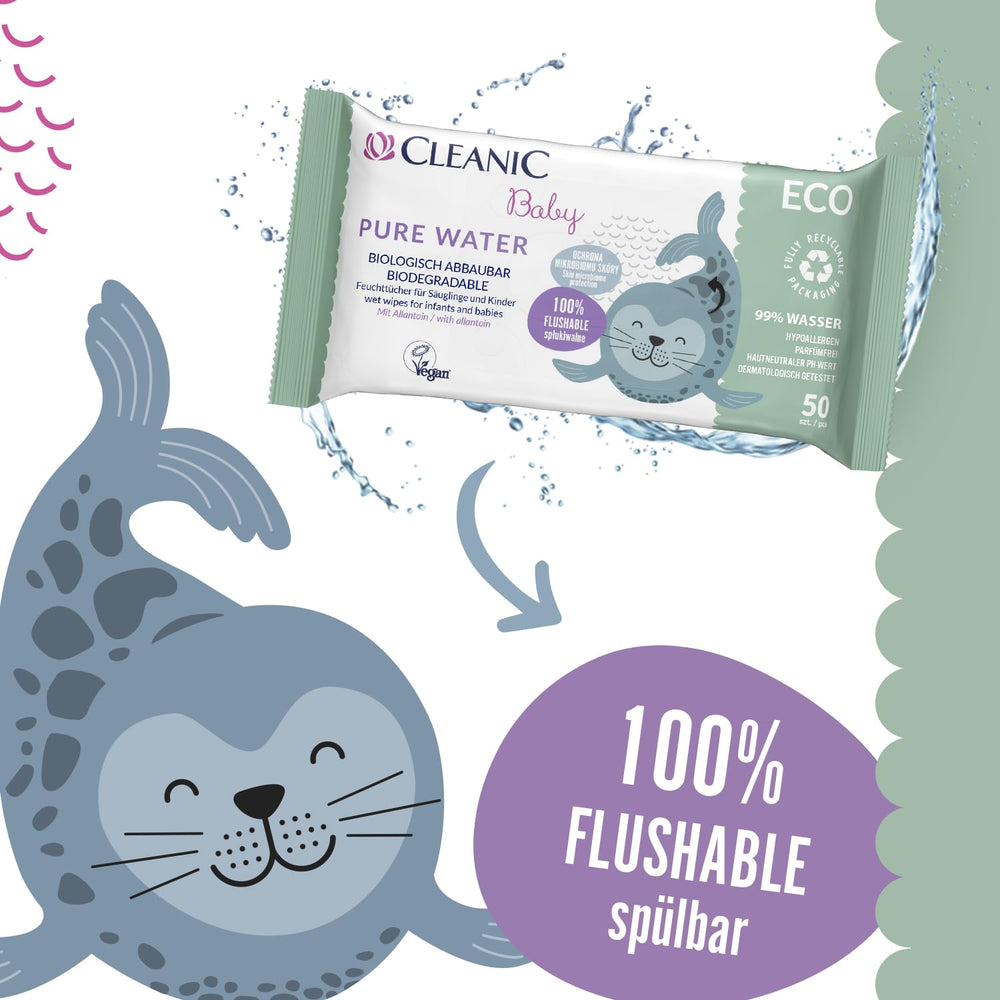 Cleanic Baby Eco Pure Water Chusteczki nawilżane – (1 x 50 szt.) Chusteczki nawilżane dla dzieci i niemowląt – bezzapachowe, spłukiwane, skóra wrażliwa – 50 szt.