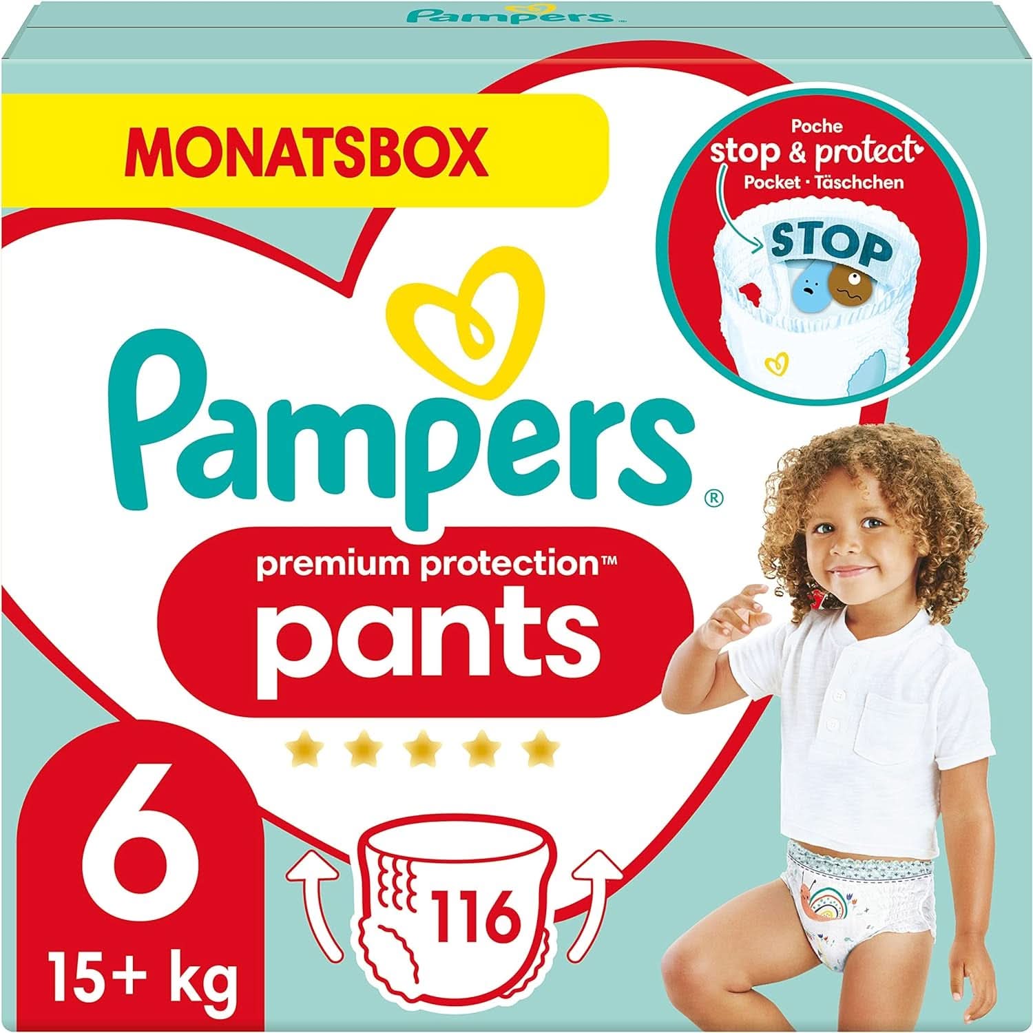 Pampers Baby Nappies Spodnie rozmiar 5 (12-17Kg) Premium Protection, Junior z kieszenią Stop and Protect, 144 pieluchy Majtki Matka i Dziecko Naty Shop 6 (116 szt.) Classic