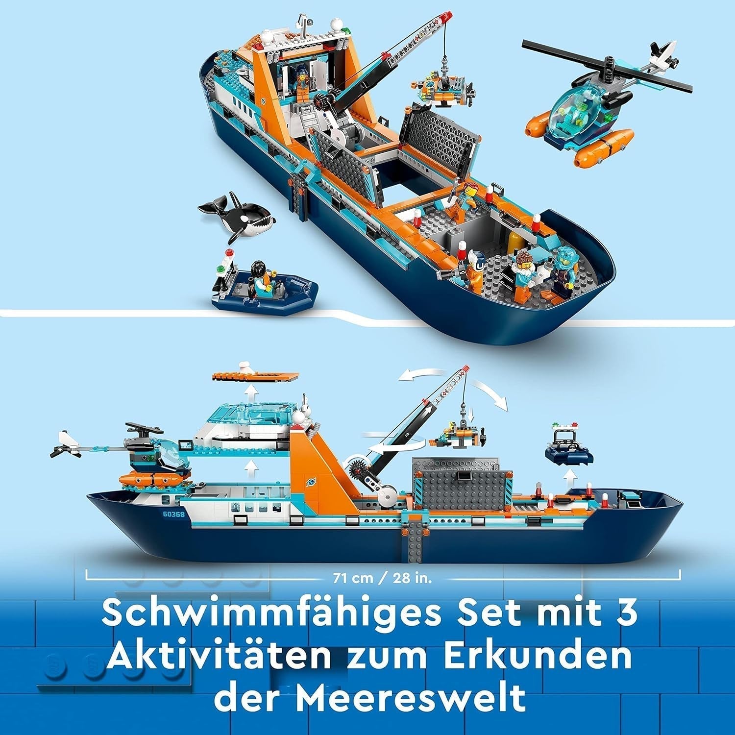 LEGO City Arktyczny statek badawczy, duża pływająca łódź zabawkowa z helikopterem, ponton, łódź podwodna Rov, wrak Wikinga, 7 minifigurek i figurka orki, prezent dla dzieci w wieku od 7 lat 60368 Zestawy do budowania Kup w sklepie LEGO
