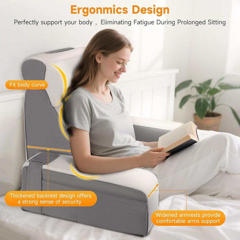 Pernă mare de citit cu suport pentru gât și cotiere detașabile, pernă pentru spate pentru pat, pernă ergonomică pentru spătar cu braț, buzunar și husă lavabilă pentru citit și vizionat la televizor.