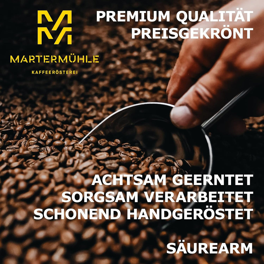 Boabe de espresso Martermühle Cioccolato 500g Tare | Arabica/Robusta | Arome: Nuci de macadamia, ciocolată cu lapte | Boabe de espresso întregi prăjite ușor, aciditate scăzută