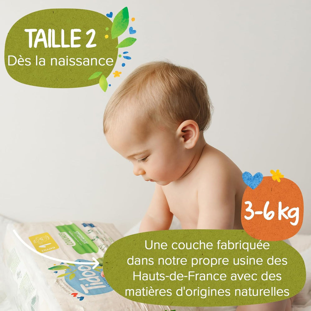 - Ökologische Diadeln, Größe 2 (3-6 kg) – natürlicher Ursprung, ohne Schadstoffe – 12 Stunden trocken, extrem saugfähig – hermestellung we Francji – 150 Einwegdiadeln – Opakowanie 1 miesiąc