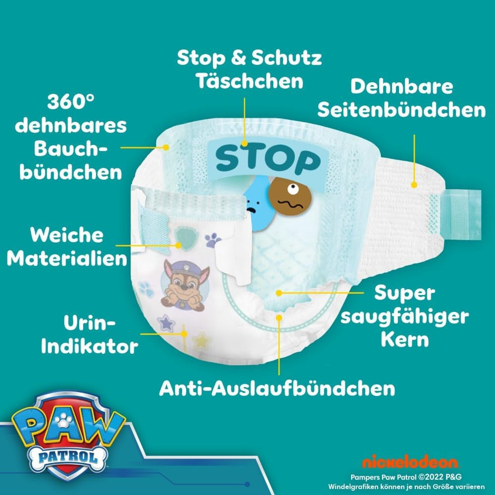 Scutece Pampers Baby-Dry Ediția Patrula Cățelușilor, mărimea 5, 186 de scutece, 11 kg - 16 kg, protecție împotriva scurgerilor de până la 100% și confort toată noaptea