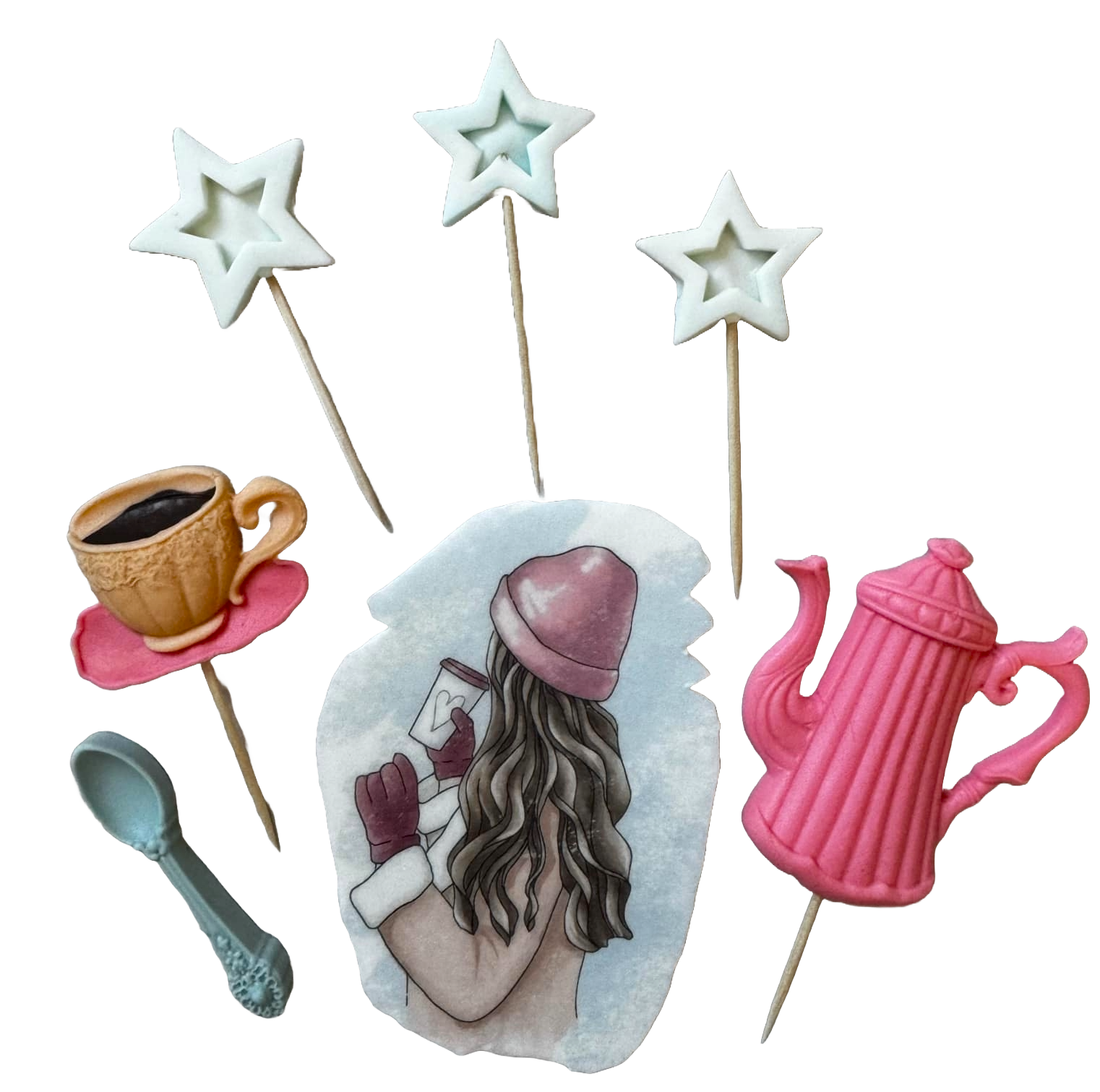 Set 7 decoratiuni comestibile din pasta de zahar, Beautiful Lady, caciula roz Decoratiuni din Pasta de Zahar Naty Shop