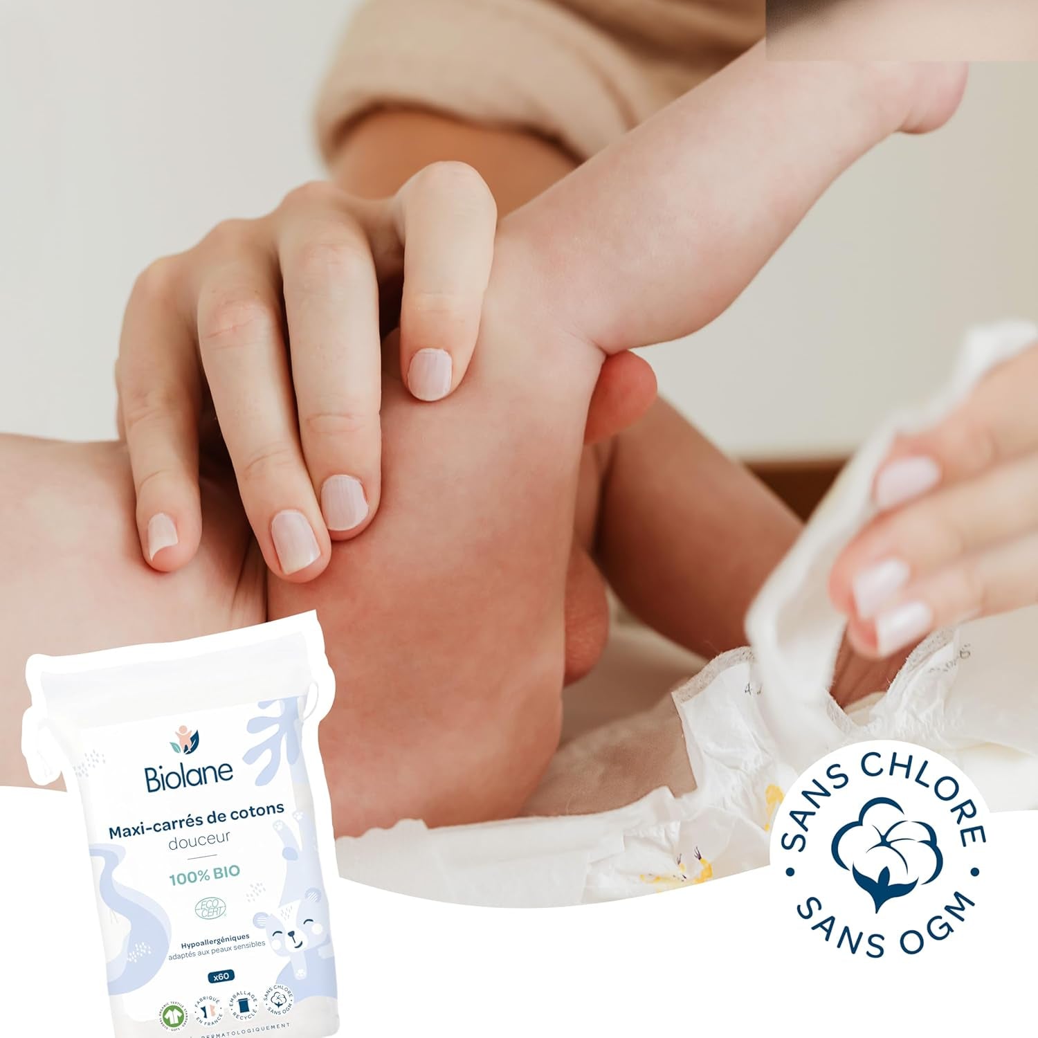 BIOLANE 12 Maxi Squares Podpaski nawilżane - Niemowlęta - 100% organiczne - 720 bawełna - dla skóry wrażliwej - Przebieranki i artykuły toaletowe - od urodzenia - wyprodukowane we Francji