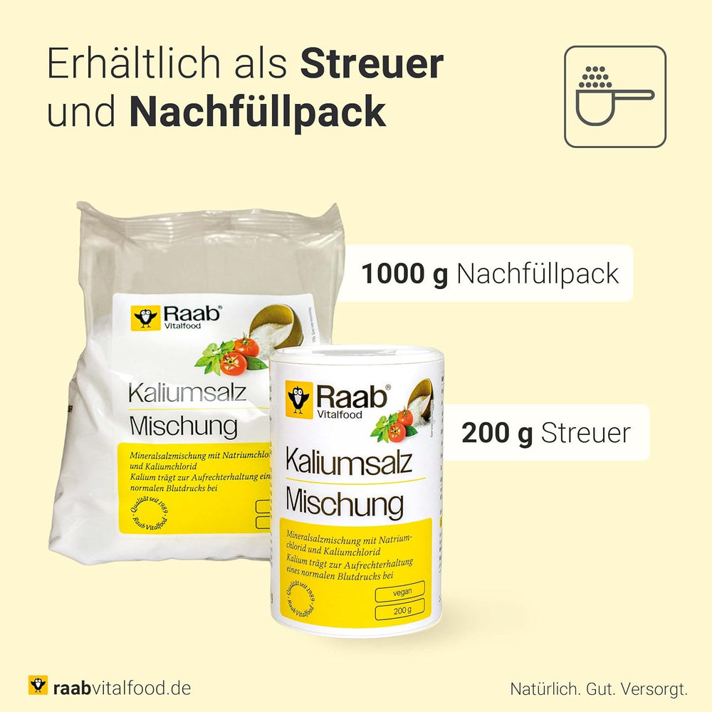 Raab Vitalfood Kalium salt-Mischung, Mineralsalzmischung mit 66,7% Natriumchlorid (Kochsalz) i 33% Kaliumchlorid, Kalium trägt zur Aufrechterhaltung eines normalen Blutdruck bei (1 x 200 g dawka)