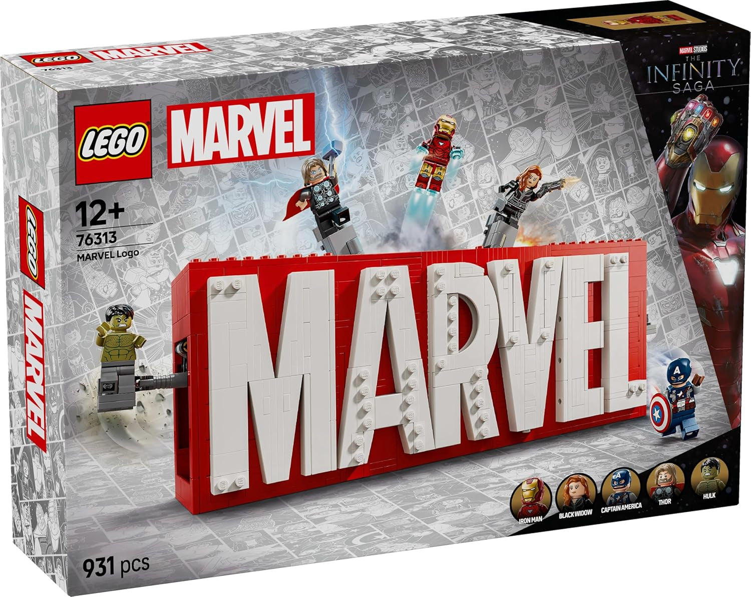 LEGO Marvel: logo Marvela i minifigurki — zestaw kolekcjonerski Hulk, Thor, Iron Man, Czarna Wdowa i Kapitan Ameryka — zestaw do budowania figurek Avengersów — prezent dla chłopców i dziewcząt w wieku od 12 lat 76313 Zestawy do budowania Zobacz sklep LEGO