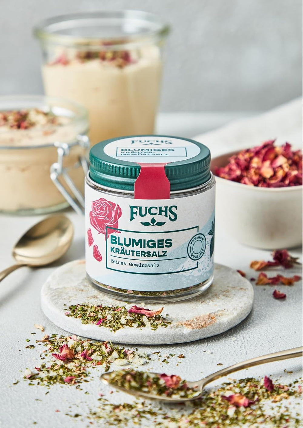 Fuchs Gewurze - Blumiges Kräutersalz | Gewürzsalz mit Rosenblütenblättern, Minze & Salz | Verfeinert Gemüse und Pasta-Gerichte | 45 g im wiederverschließbaren Gewürzglas