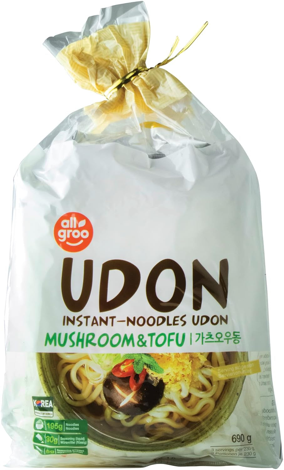 Allgroo Udon Instant Noodles - Pikantna Zupa Udon, szybkie przygotowanie - Zawiera 3 porcje - 1 x 690g