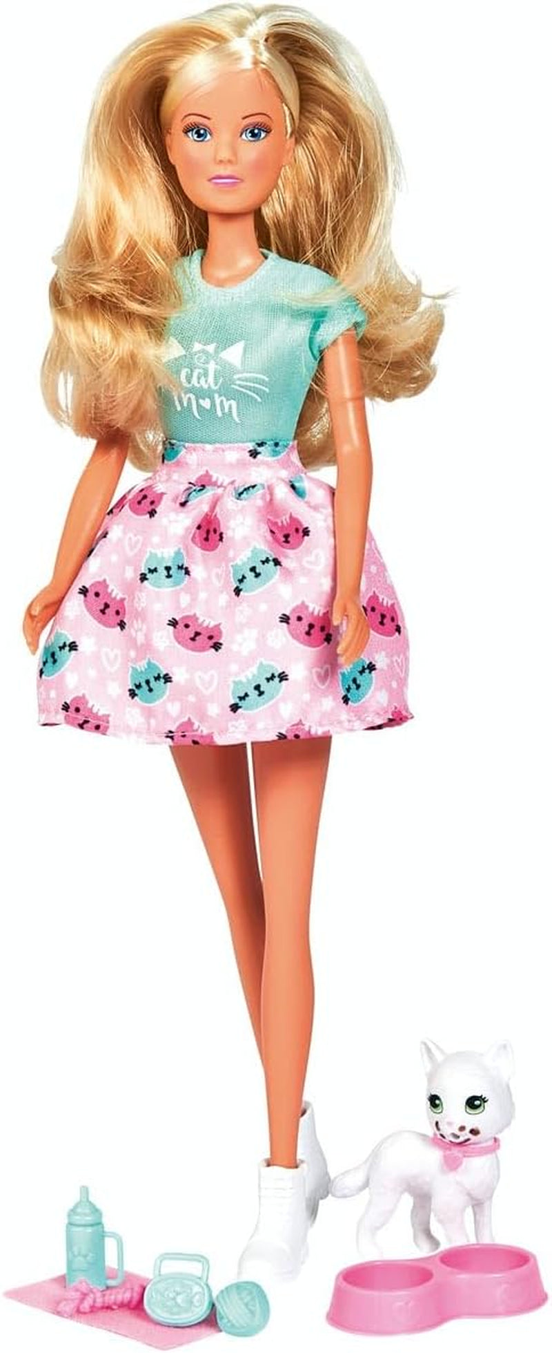 Simba 105733489 - Steffi Love Kitty Love, Puppe in einem modischen Outfit mit süsser Katze mit Essen um den Mund, mit viel Zubehör