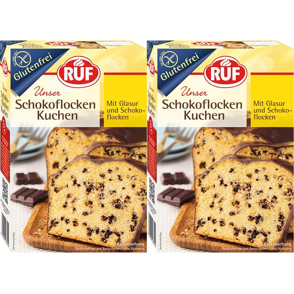 RUF Glutenfreier Schokoflocken-Kuchen Mit Kakaoglasur Und Schoko-Stückchen, Fluffig Und Schokoladig, Glutenfreier Kuchen, Zöliakie Geeignet (Packung Mit 2) Naty Shop 455 G (opakowanie 2Er) Schokoflockenkuchen