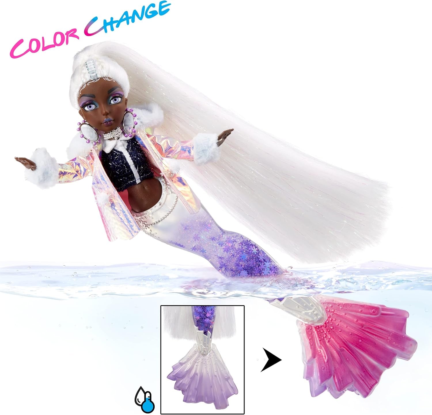 Mermaze Mermaidz™ Winter Waves Crystabella™ Meerjungfrau-Modepuppe z Farbwechsel-Flosse, glicernem Schwanz i Zubehör