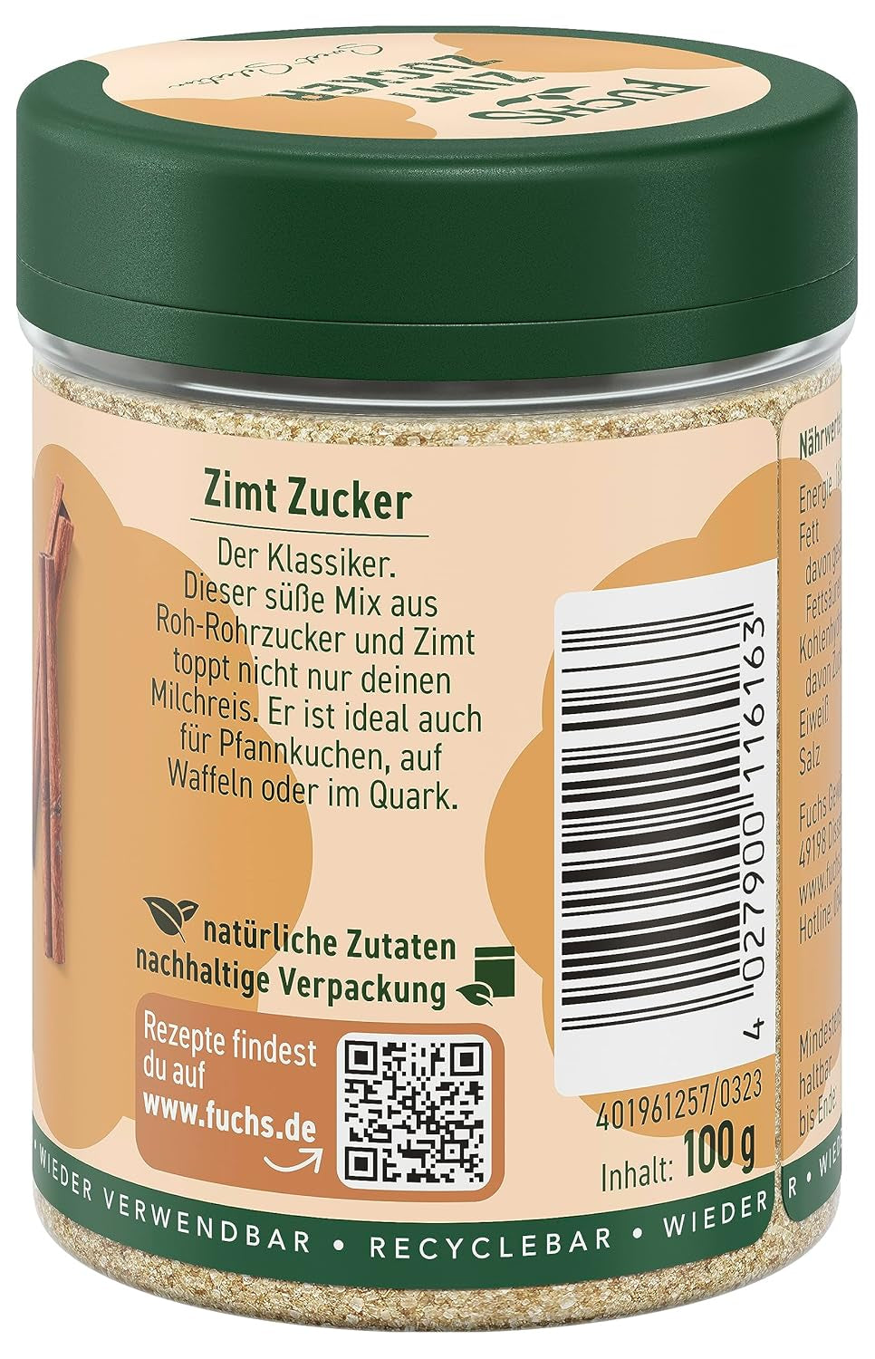 Fuchs Gewürze - Zimt Zucker - Klassisches Gewürz für Milchreis, Pfannkuchen oder Wafeln - aus natürliche Składnik - 100 g w wiederverwendbarer, recyclebarer Dawka