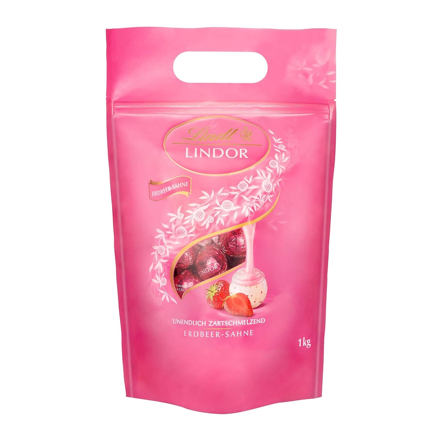 Mieszanka czekoladowa LINDOR | 1371 g | Około. 109 kulek: Kulki z mlecznej czekolady i LINDOR z kremem truskawkowym | Worek 1 kg, ok. 80 kulek czekoladowych z białej czekolady z kremem truskawkowym