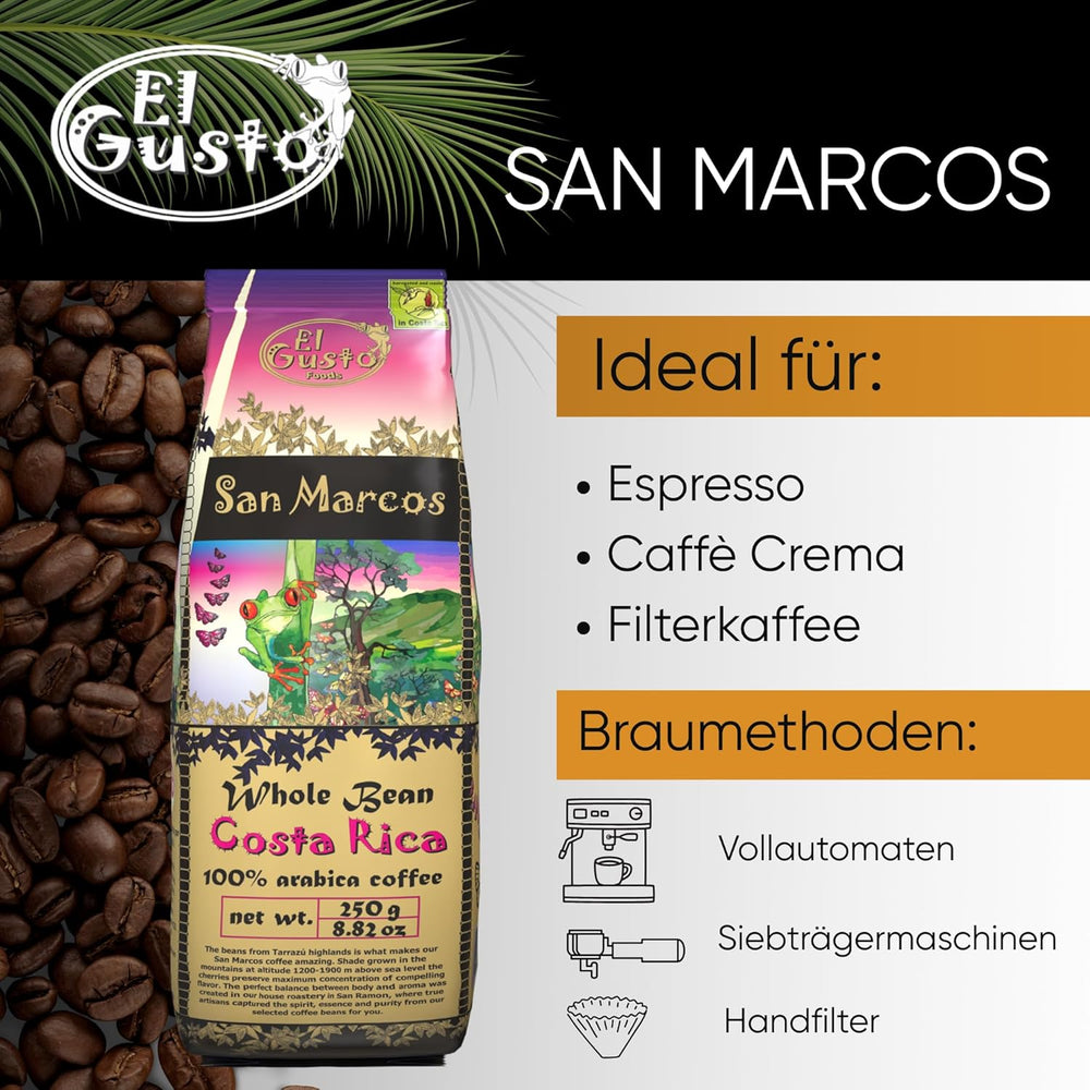 El Gusto San Marcos Spezialitätenkaffee | Ganzen Bohnen Mittlere Röstung | Gourmetkaffee mit Schokoladenaroma mit leichter Zitrussäure | 100% Arabica Kaffee aus Costa Rica | Specialty Coffee | 250 g