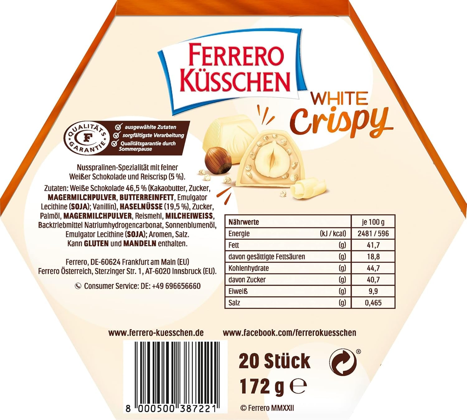 Ferrero Küsschen White Crispy - Prezent na Walentynki dla niego i dla niej - Chrupiące prażone orzechy laskowe w jasnej śmietanie z chrupiącymi chipsami, oblane białą czekoladą, 1 opakowanie 20 pojedynczych pralinek