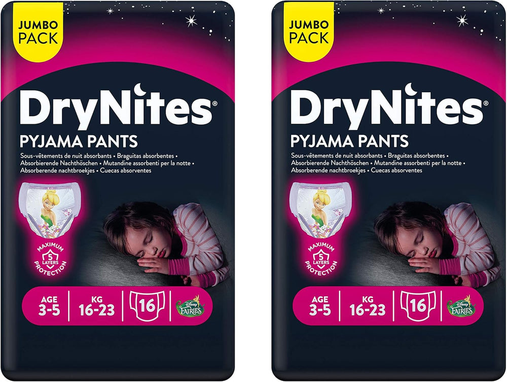 Bielizna nocna Huggies DryNites dla dziewczynek, 3-5 lat (16-23 kg), 2 x 16 sztuk