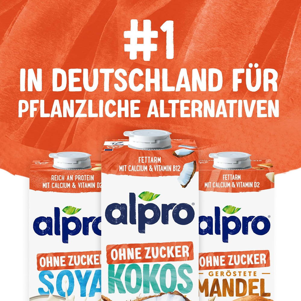 Alpro Kokosnussdrink ohne Zucker – Ohne Süßstoffe – Vegan und milchfrei – Von Natur aus lactosefrei und fettarm – Bogaty w wapń i witaminy – 8 x 1 L