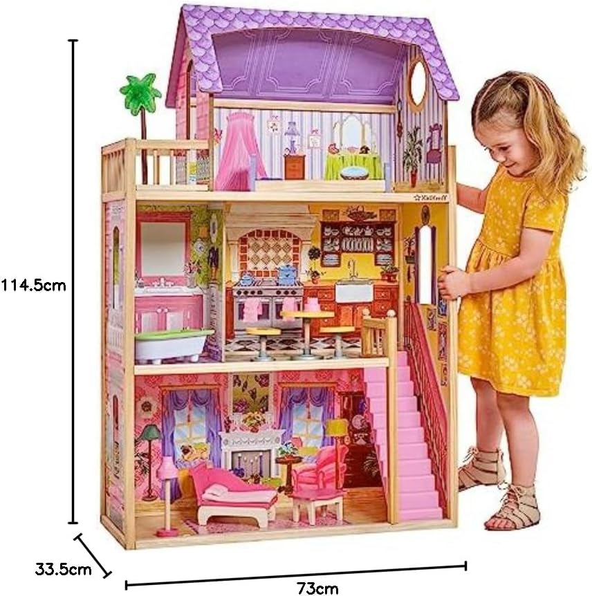 Drewniany domek dla lalek Kidkraft Kayla z meblami i akcesoriami, 3-poziomowy zestaw dla lalek 30 cm, zabawka dla 3 lat, 65092 — wyłącznie w sklepie Amazon Dollhouses Naty Shop