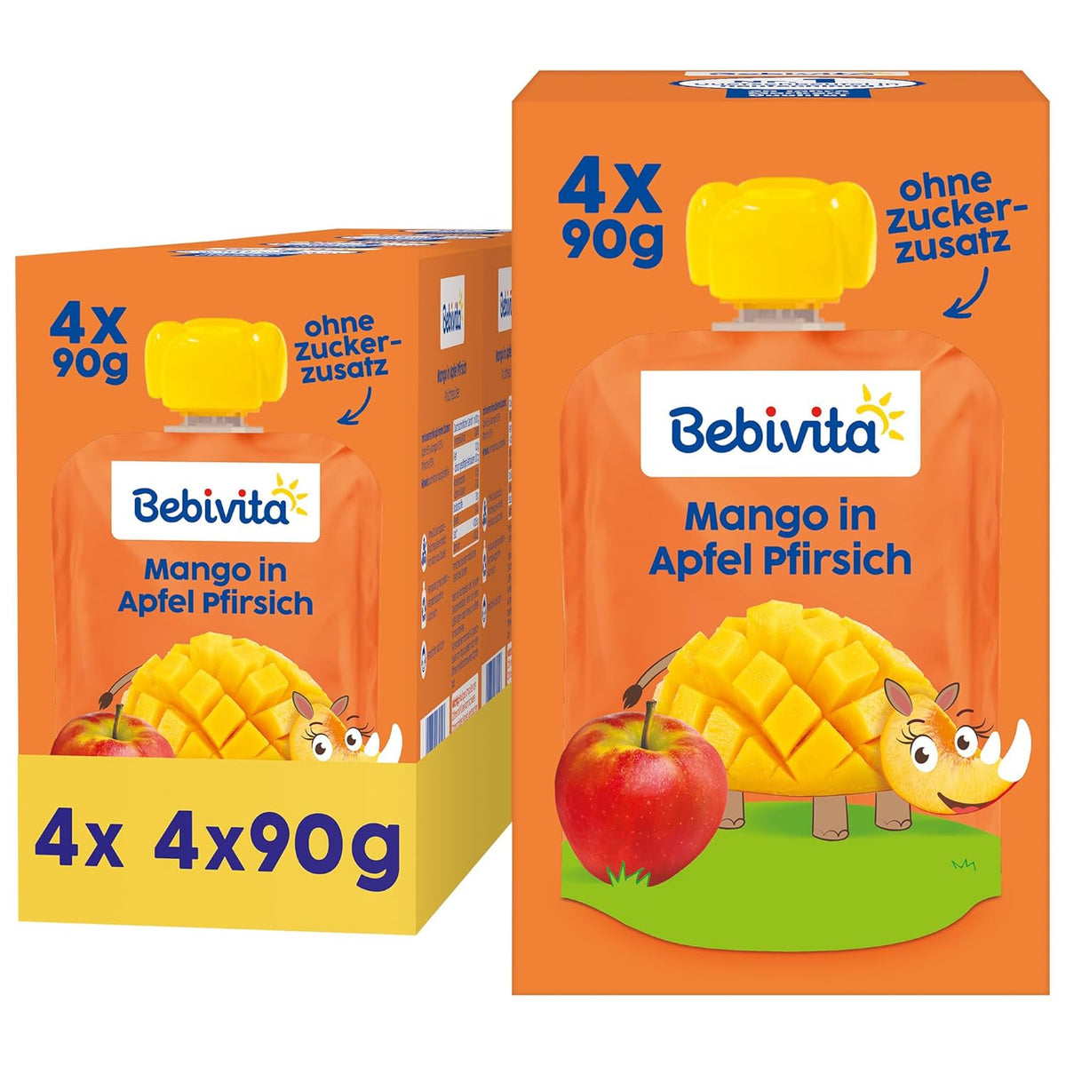 Woreczki do wyciskania Mango Apple Peach - 16 opakowań (4 opakowania, 4 x 90 g każde), bez dodatku cukru, bezglutenowe, idealne do pakowanych przekąsek i w podróży