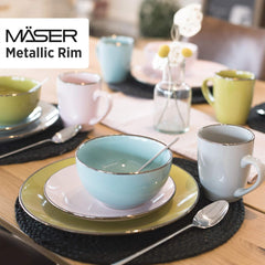 MÄSER Metallic Rim, Modernes Geschirr Set Für 4 Personen Mit Messingfarbenem Rand, 16-Teiliges Kombiservice Mit Randlosen Coupe-Formen, Steinzeug, Grau Seturi vesela masa Naty Shop
