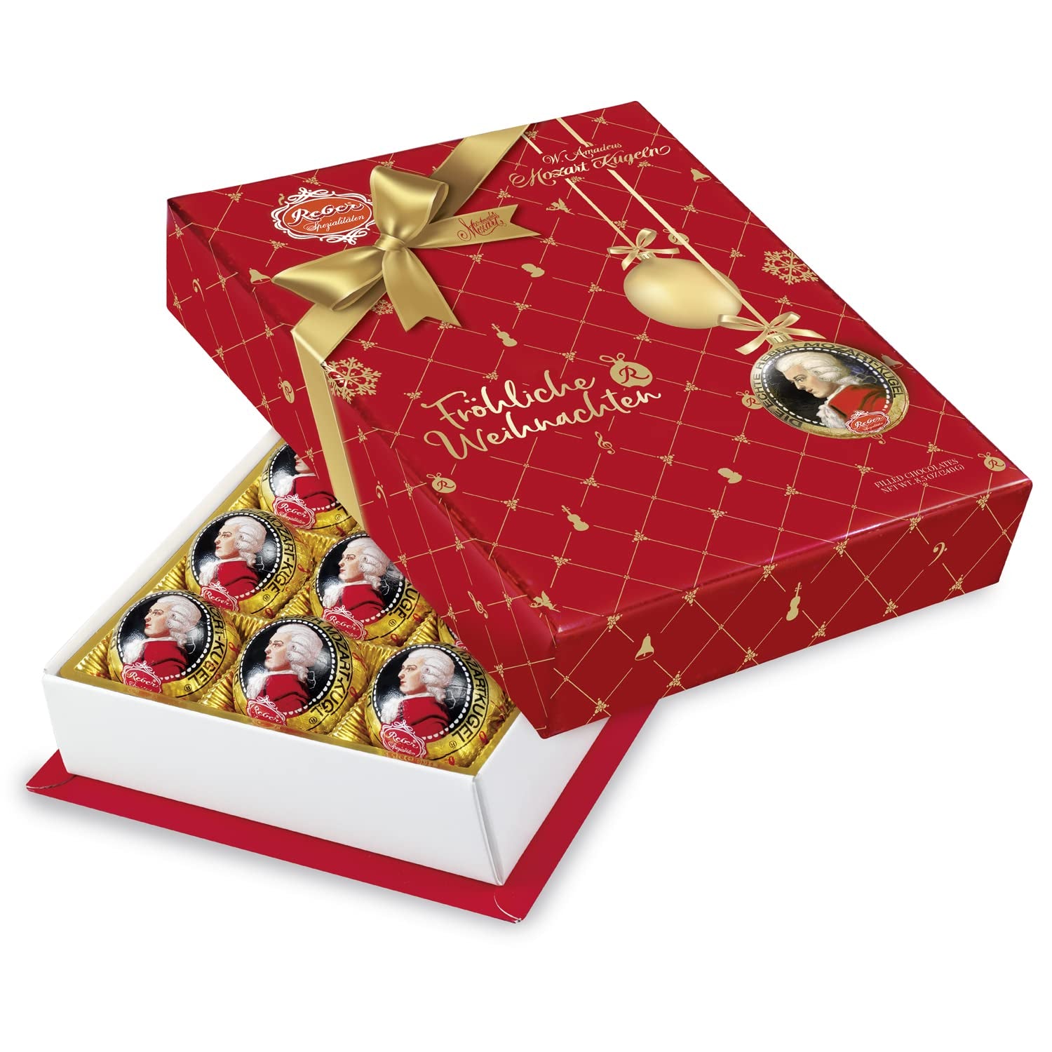 Reber Authentic Mozart Balls Christmas Edition Praliny z ciemnej czekolady Marcepan Nugat Idealny prezent na Boże Narodzenie w zestawie 12 sztuk
