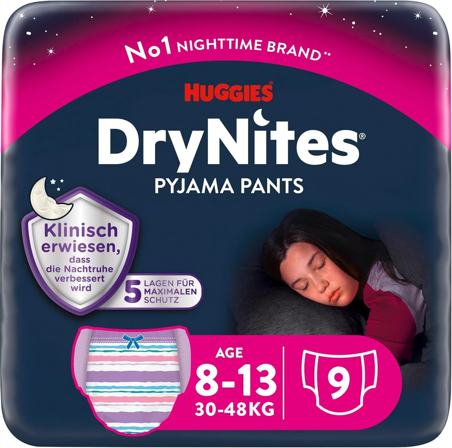 Pieluszki nocne Huggies Drynites, Dla dziewczynki 8-13 lat (30-48 kg), Bardzo chłonne, 9 szt. Matka i Dziecko Naty Shop