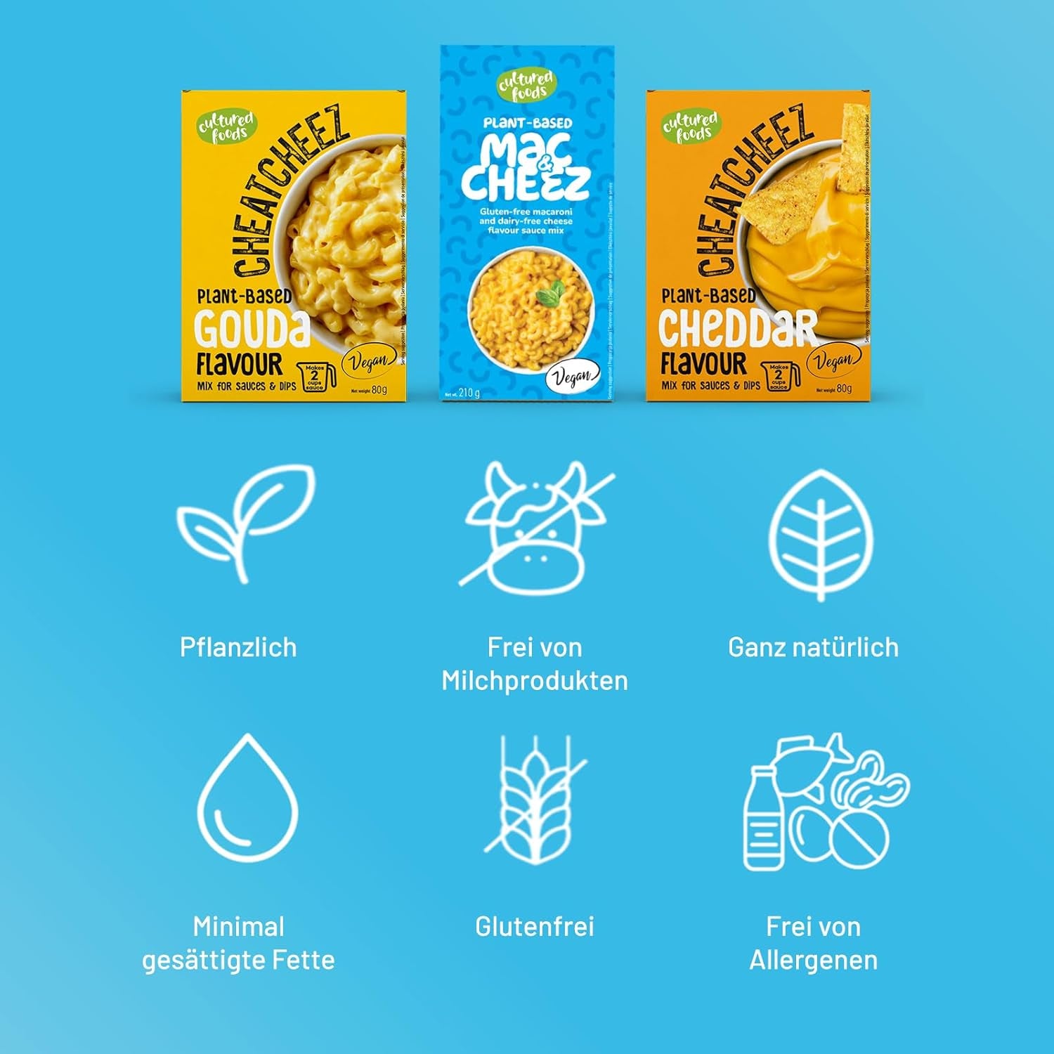 Cultured Foods Wegański zestaw 3-er Wegański makaron z serem, sosem Gouda, sosem Cheddar, Laktosefrei Glutenfrei MAC i CHEEZ CHEATCHEEZ