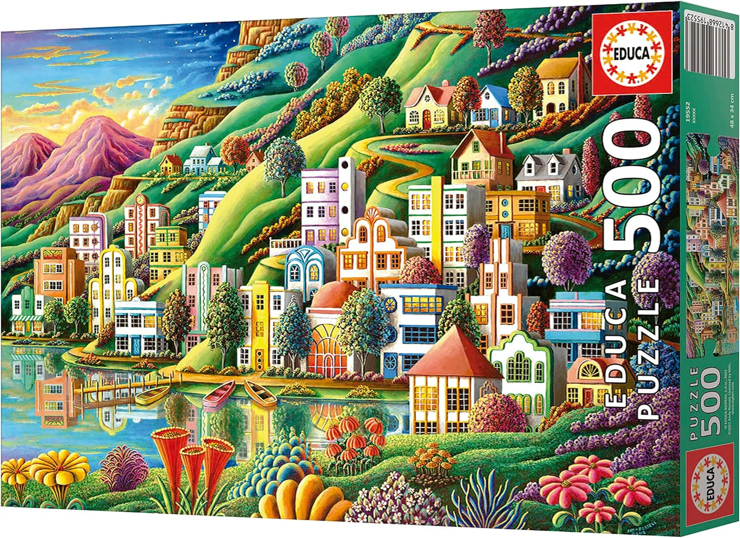 Educa - Puzzle 500 piese pentru adulți | Satul colorat de lângă lac, puzzle 500 piese pentru adulți și copii de la 11 ani, puzzle peisaj, ilustrație (19552) Puzzle Naty Shop