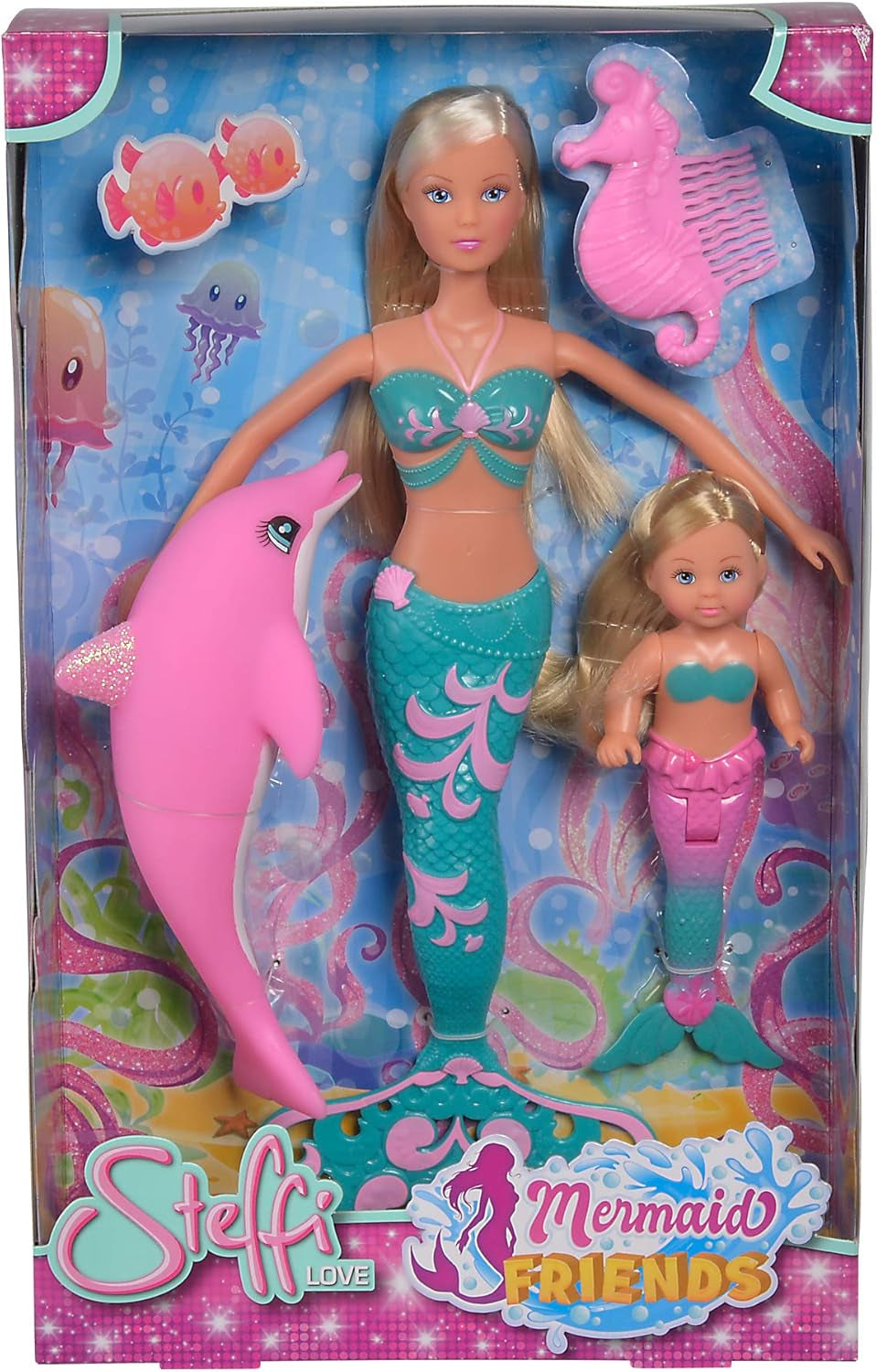 Simba 105733336 - Steffi LOVE Mermaid Friends Magiczna lalka syrenka z siostrą Evi, figurką delfina i nie tylko, zabawka dla dzieci od 3 lat i więcej Lalek Naty Shop