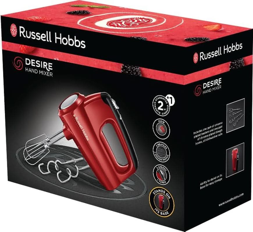 Mikser ręczny Russell Hobbs [Handrührgerät] Desire Rot (5 Geschwindigkeitsstufen+Turbofunktion, 2 Spülmaschinengeeignete Rührbesen & Knethaken, Auswurftaste, Aufrechte Parkposition) Handrührer 24670-56 Kitchen Naty Shop