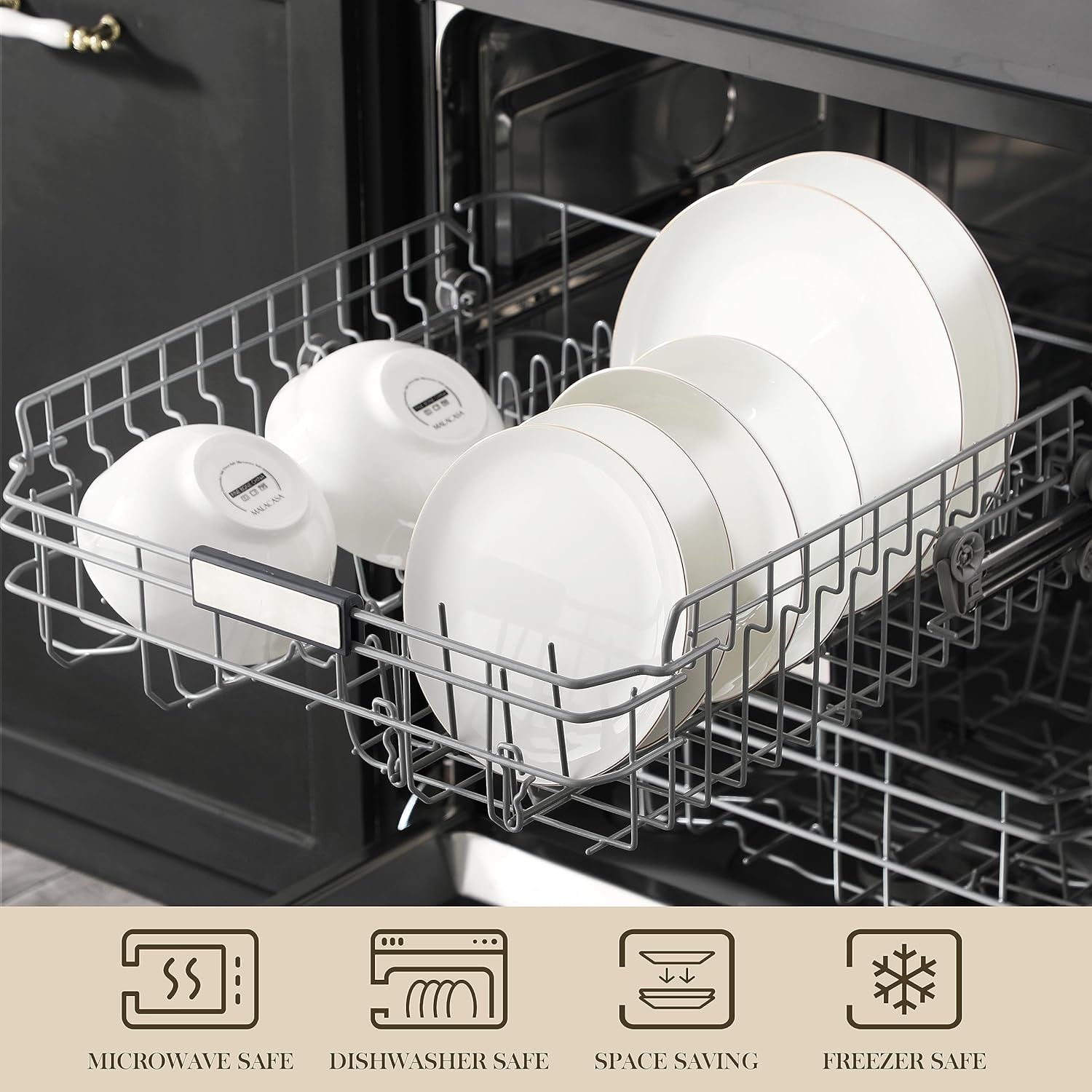 Set de veselă MALACASA pentru 4 persoane, set de veselă din porțelan os, format din 16 piese, set combinat rotund alb cu margine aurie, cu 4 farfurii de cină, 4 farfurii de desert, 4 farfurii de sumă și 4 boluri pentru cereale, seria NORI