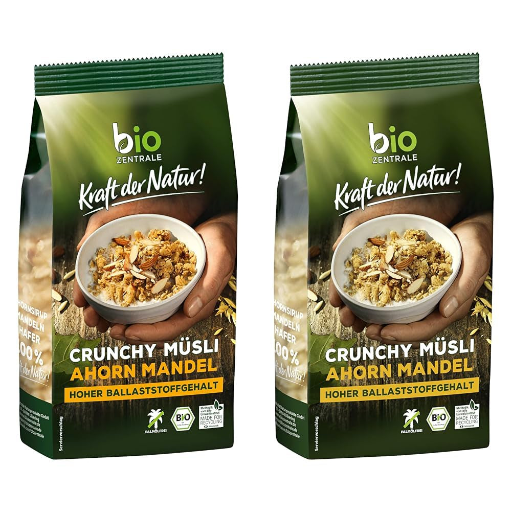 Chrupiące musli migdałowo-klonowe | 375 g Organiczne chrupiące musli | Idealne na śniadanie i filiżankę musli na wynos | Wegańskie i bez oleju palmowego (2 sztuki w zestawie)