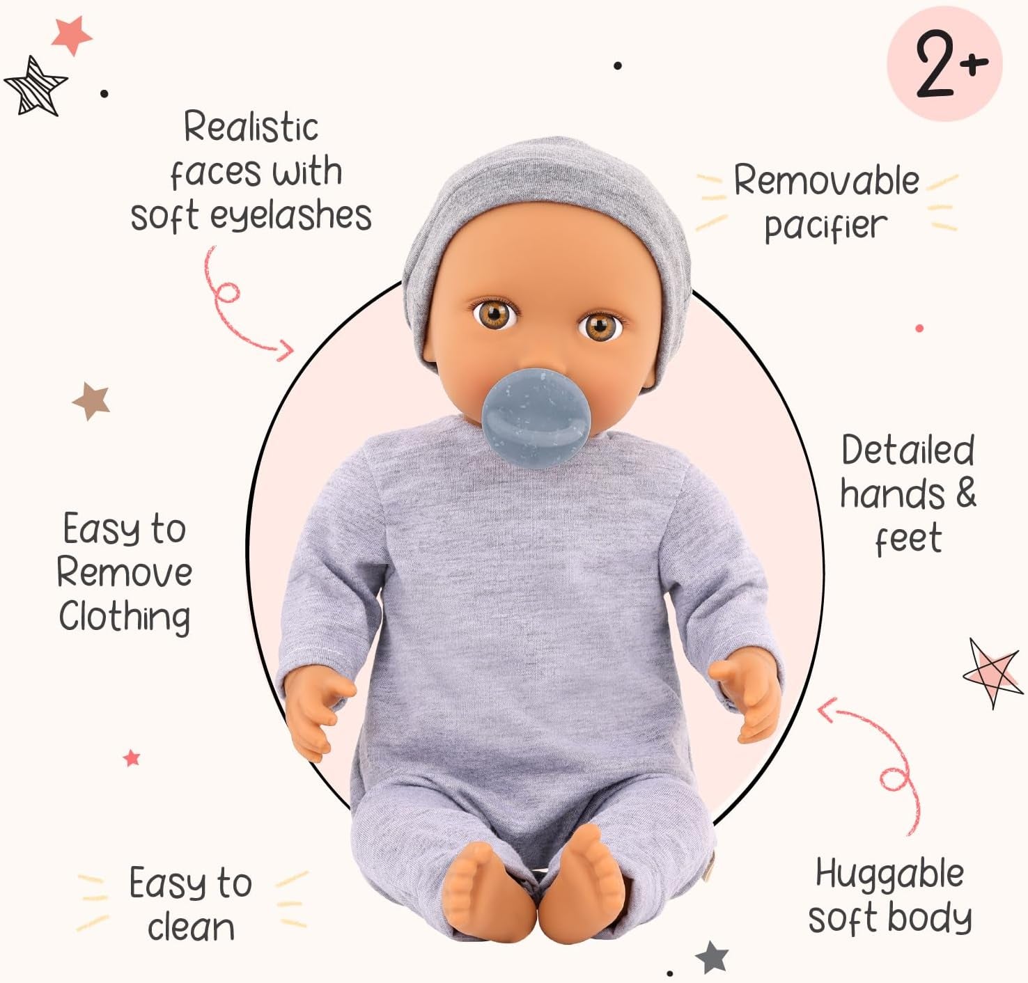 LullaBaby - Baby Puppe - Einteiler & Mütze - 36 cm Realistyczny Baby-Puppe - Orzech laskowy, brązowe oczy i miękkie ciało - Romper i Schnuller-Zubehör - Udawaj zabawę - Kinder 2 Jahre +