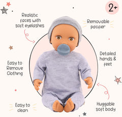 LullaBaby - Baby Puppe - Einteiler & Mütze - 36 cm Realistyczny Baby-Puppe - Orzech laskowy, brązowe oczy i miękkie ciało - Romper i Schnuller-Zubehör - Udawaj zabawę - Kinder 2 Jahre +