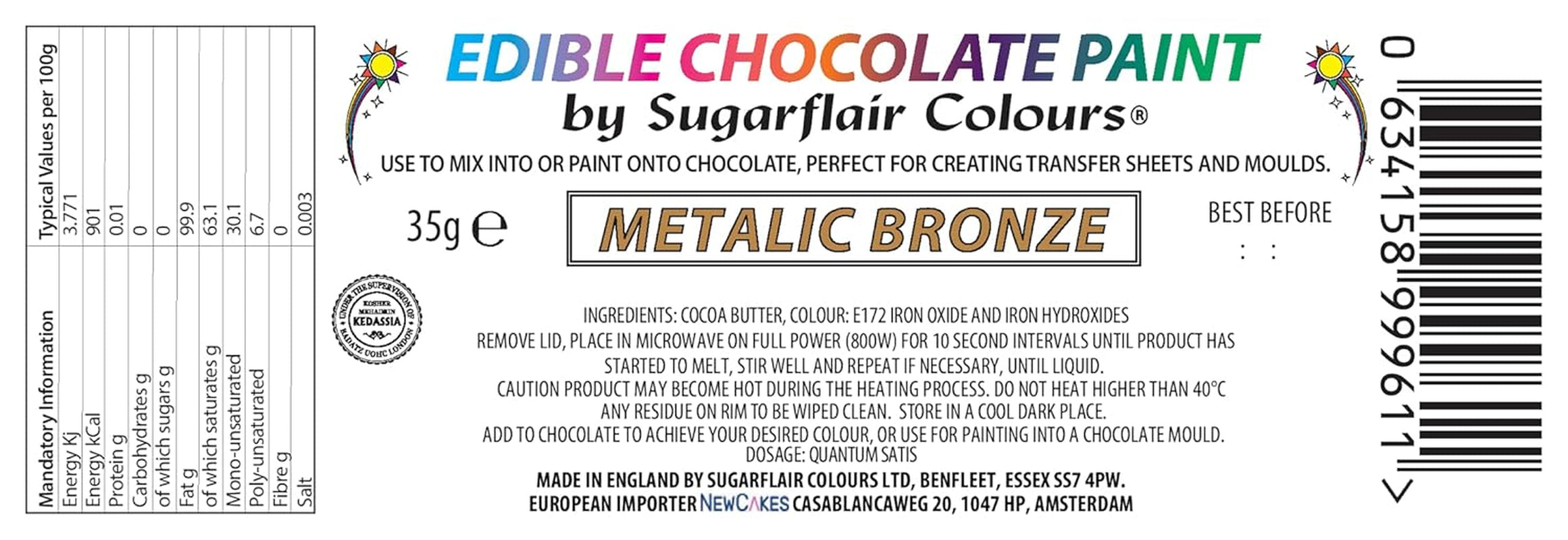 Colorant alimentar Sugarflair Chocolate Colorant alimentar pentru ciocolată, bronz metalic - Unt de cacao organic colorat, colorant ciocolată pentru colorarea ciocolatei, praline - 35 g