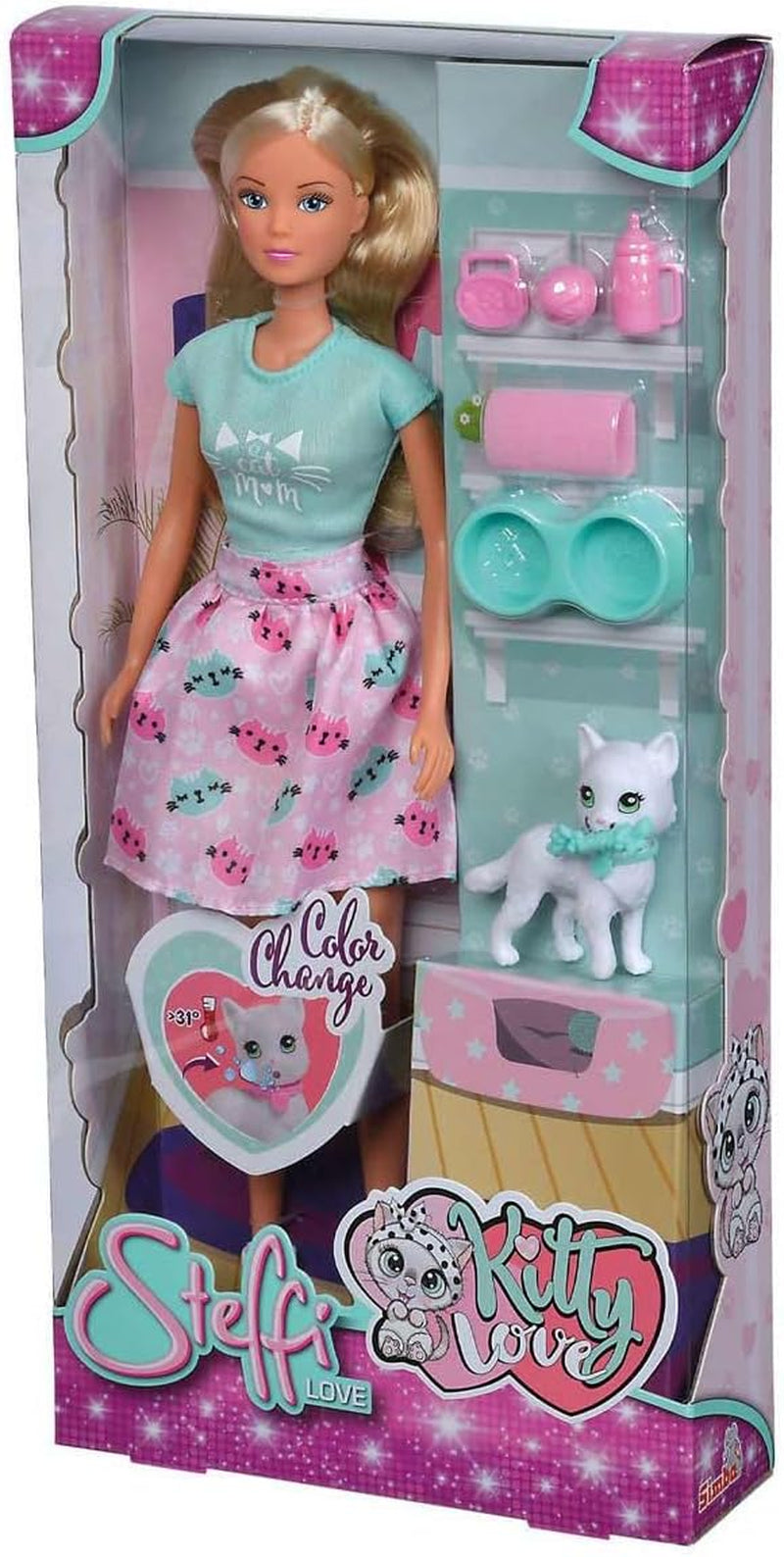 Simba 105733489 - Steffi Love Kitty Love, Puppe in einem modischen Outfit mit süsser Katze mit Essen um den Mund, mit viel Zubehör