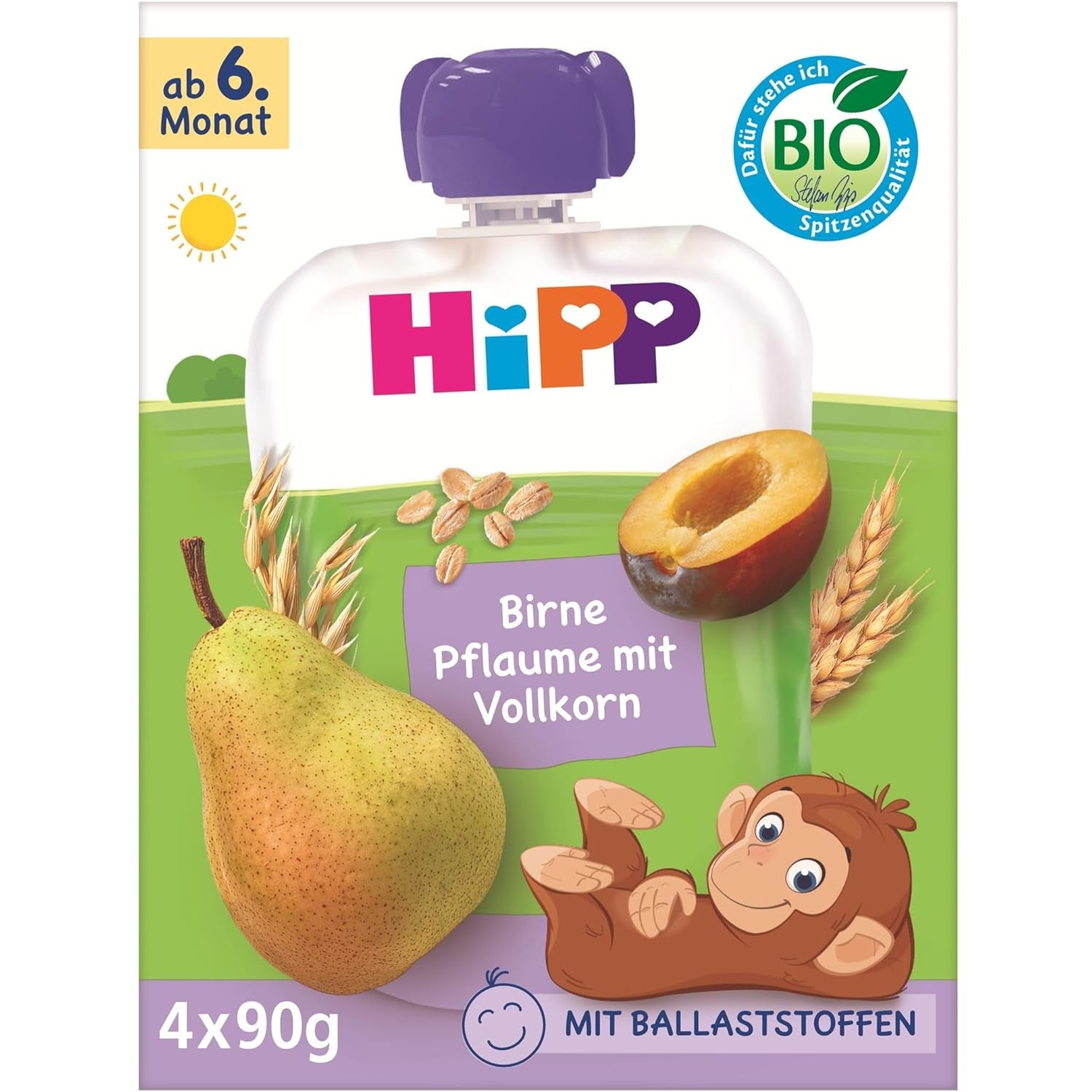 HiPP Organiczne saszetki z gruszkami i śliwkami, pełnoziarniste, 16 sztuk (4 opakowania po 4 x 90 g każde), dla dzieci od 6. miesiąca życia, bez dodatku cukru, wegańskie, najlepszej jakości organicznej