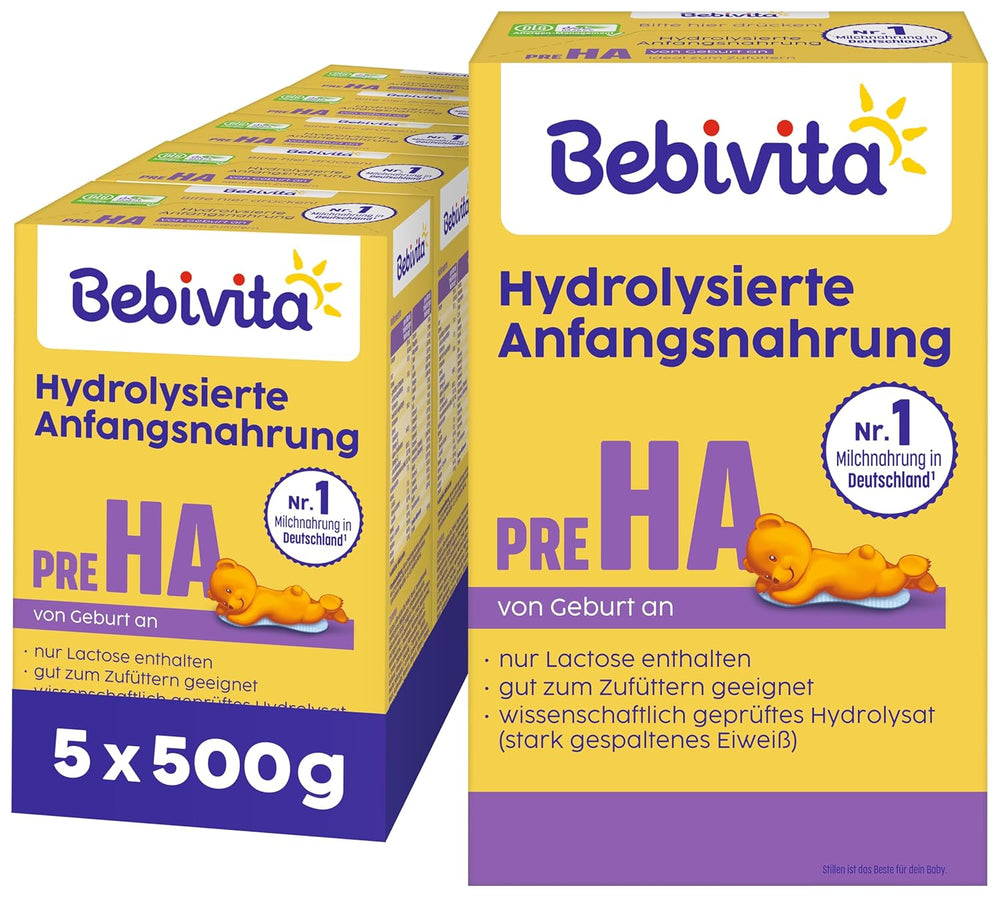 PRE HA (5 x 500g), hydrolizowane mleko w proszku od urodzenia, zawiera wyłącznie laktozę jako węglowodan, nadaje się do karmienia uzupełniającego